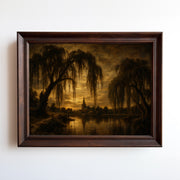 Oil-style landscape print of weeping willows framing a church spire at golden hour