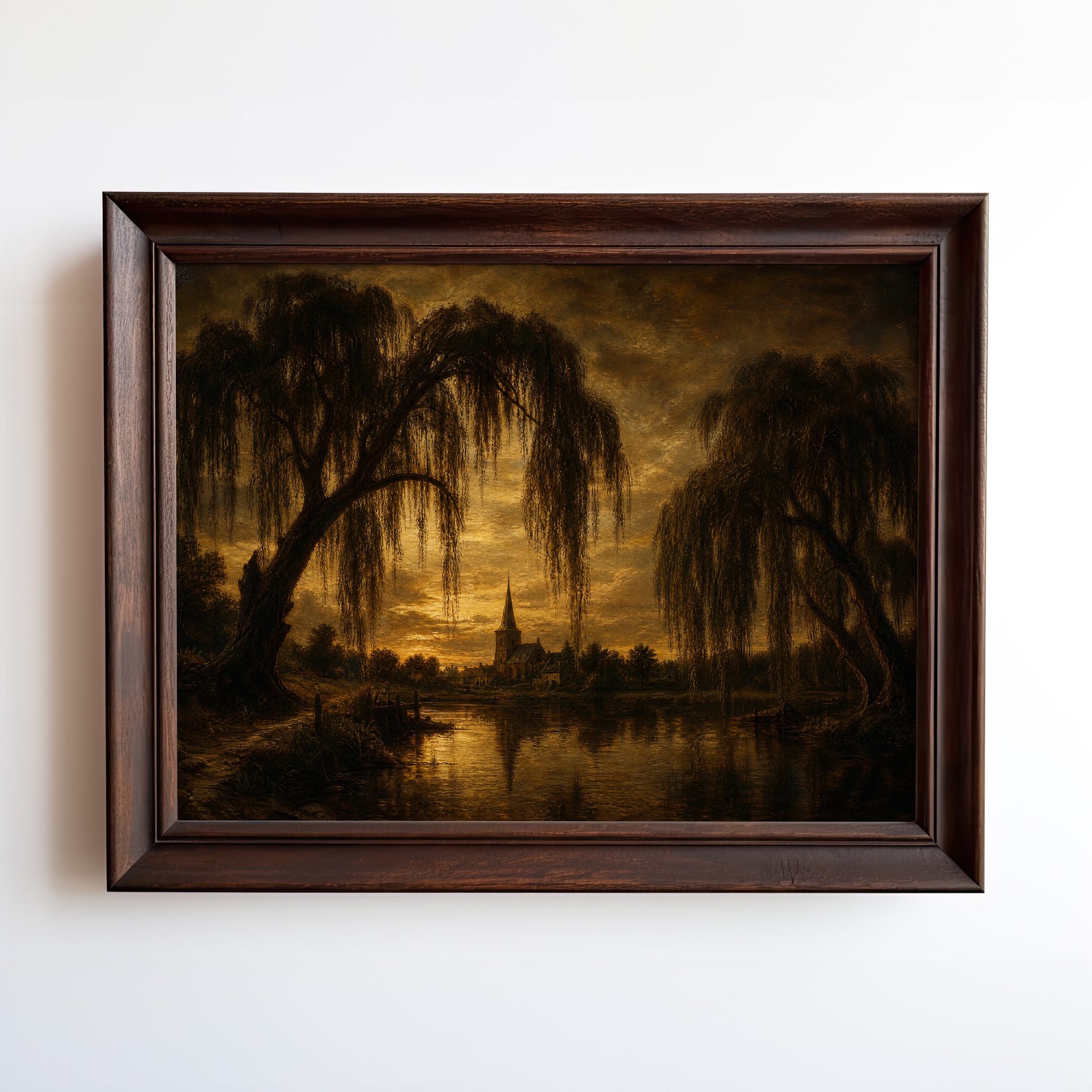 Oil-style landscape print of weeping willows framing a church spire at golden hour