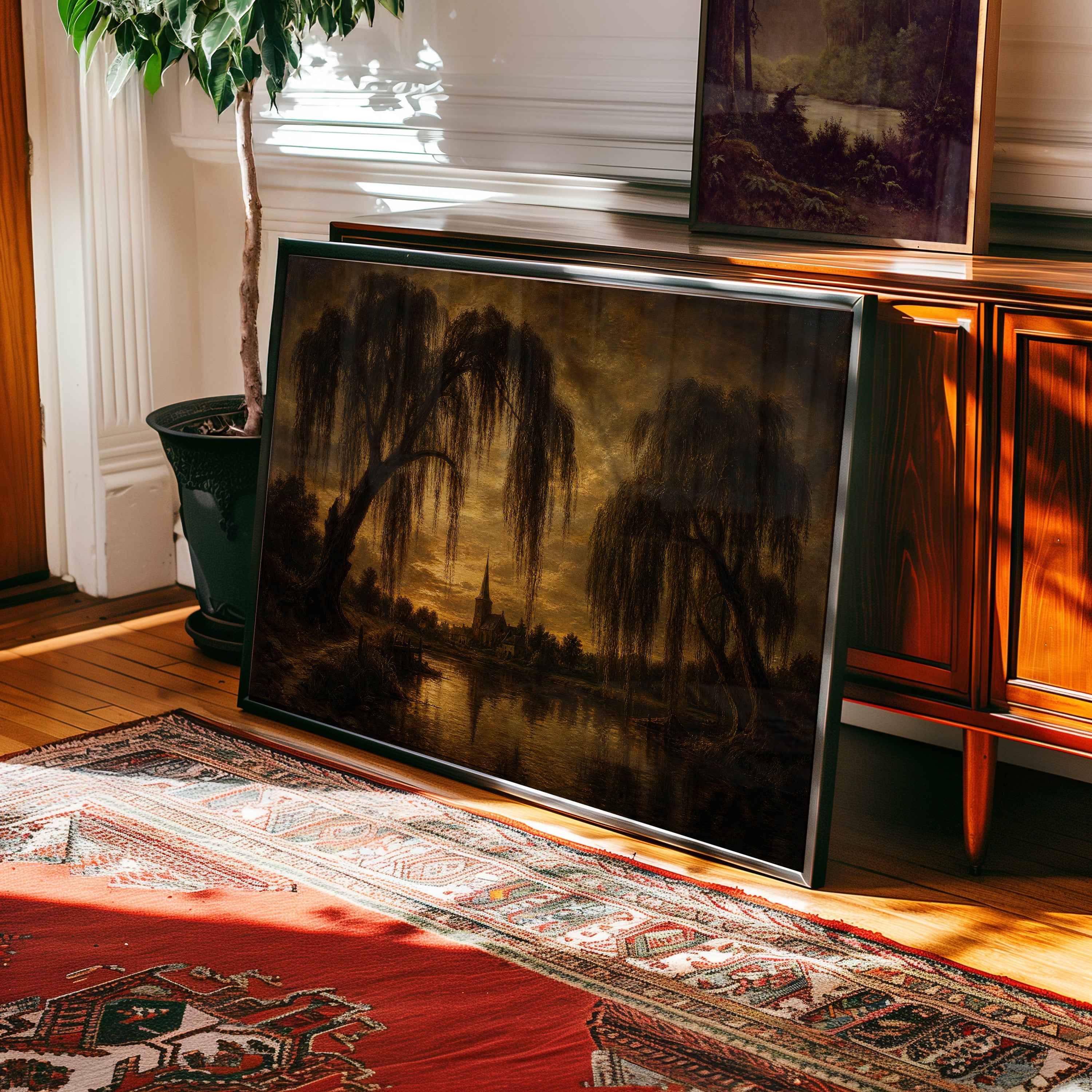 Oil-style landscape print of weeping willows framing a church spire at golden hour — view 2