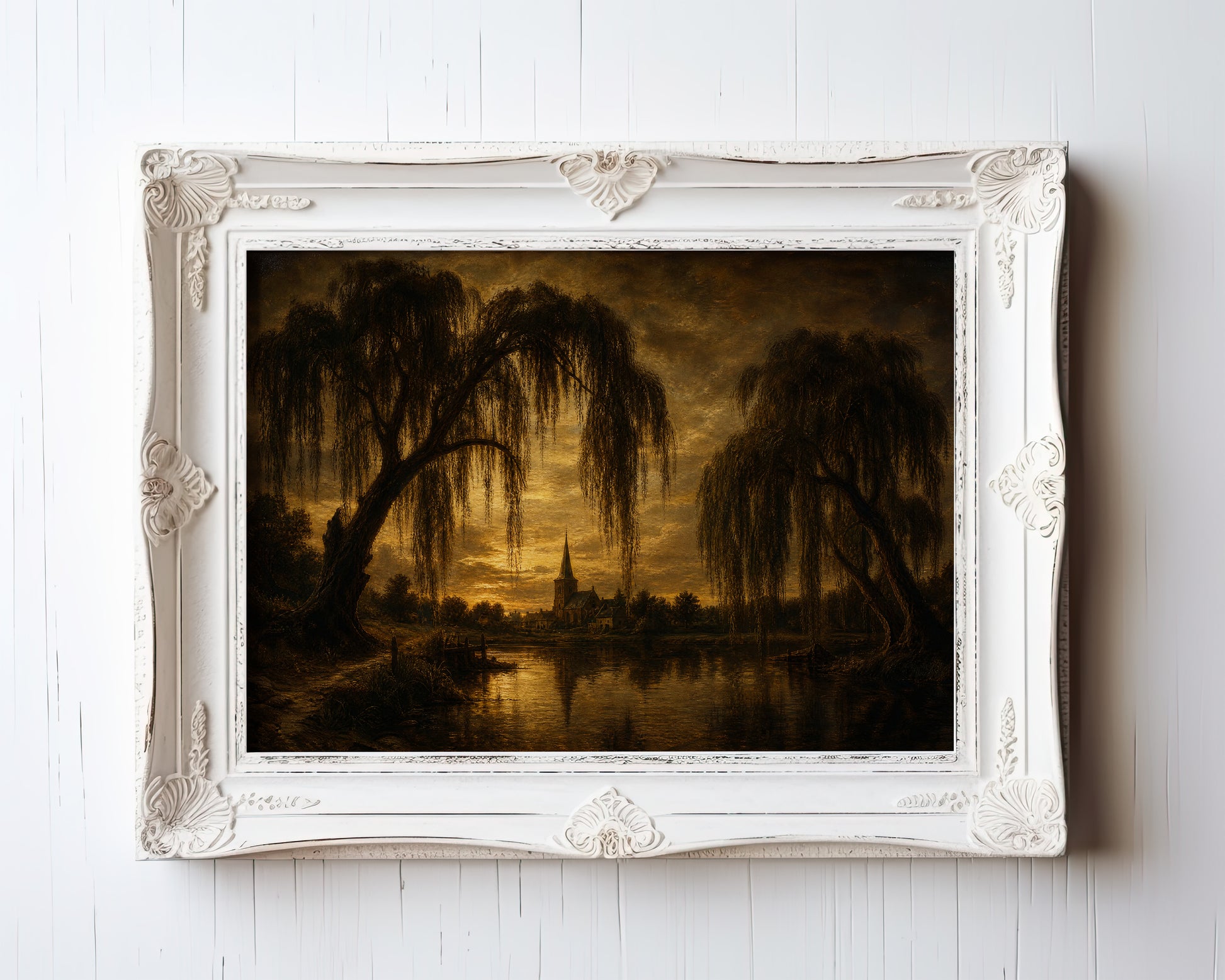 Oil-style landscape print of weeping willows framing a church spire at golden hour — view 3