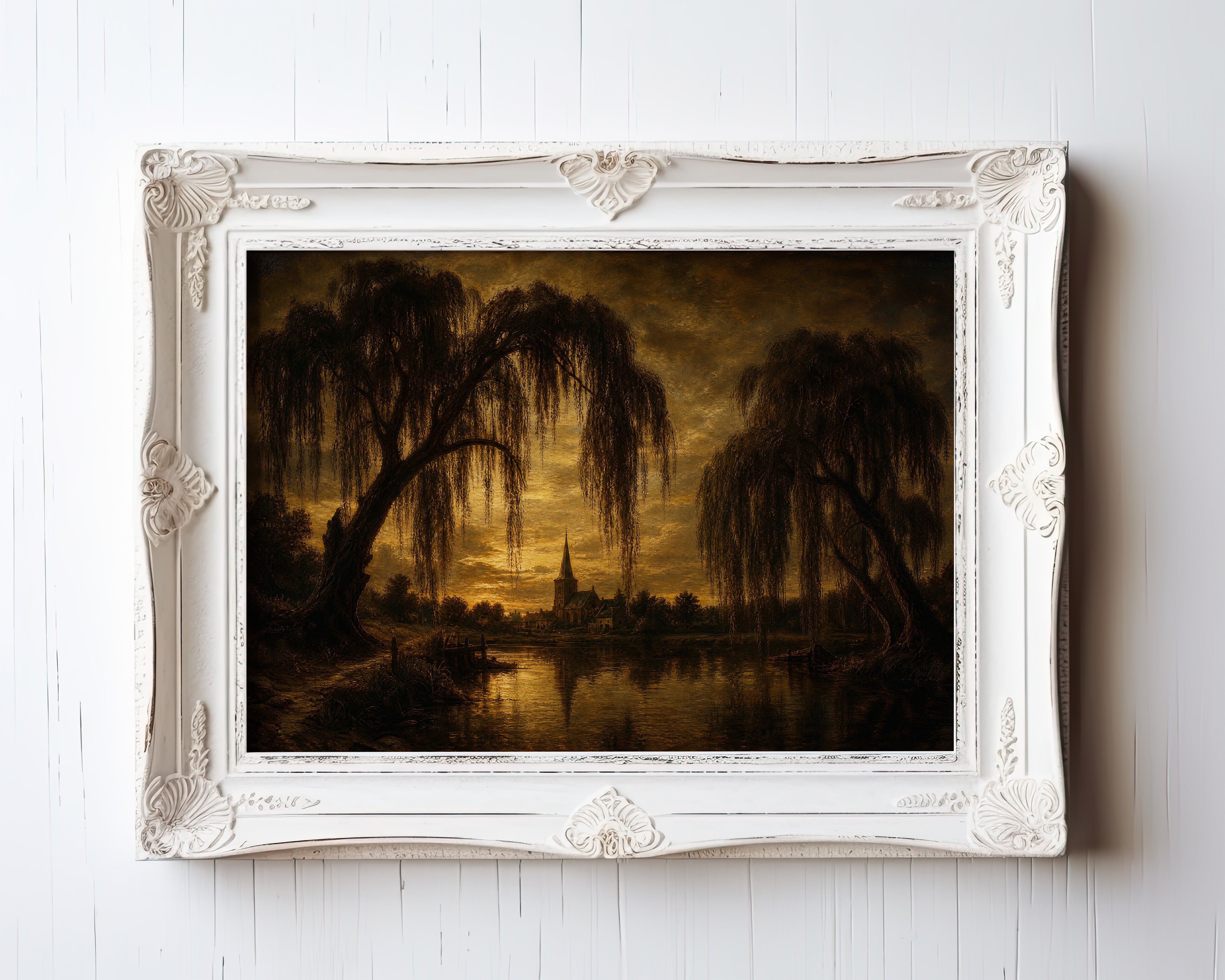 Oil-style landscape print of weeping willows framing a church spire at golden hour — view 3