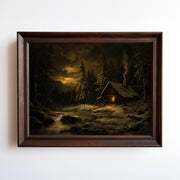 Oil painting of a snow-covered log cabin glowing at dusk in a winter forest