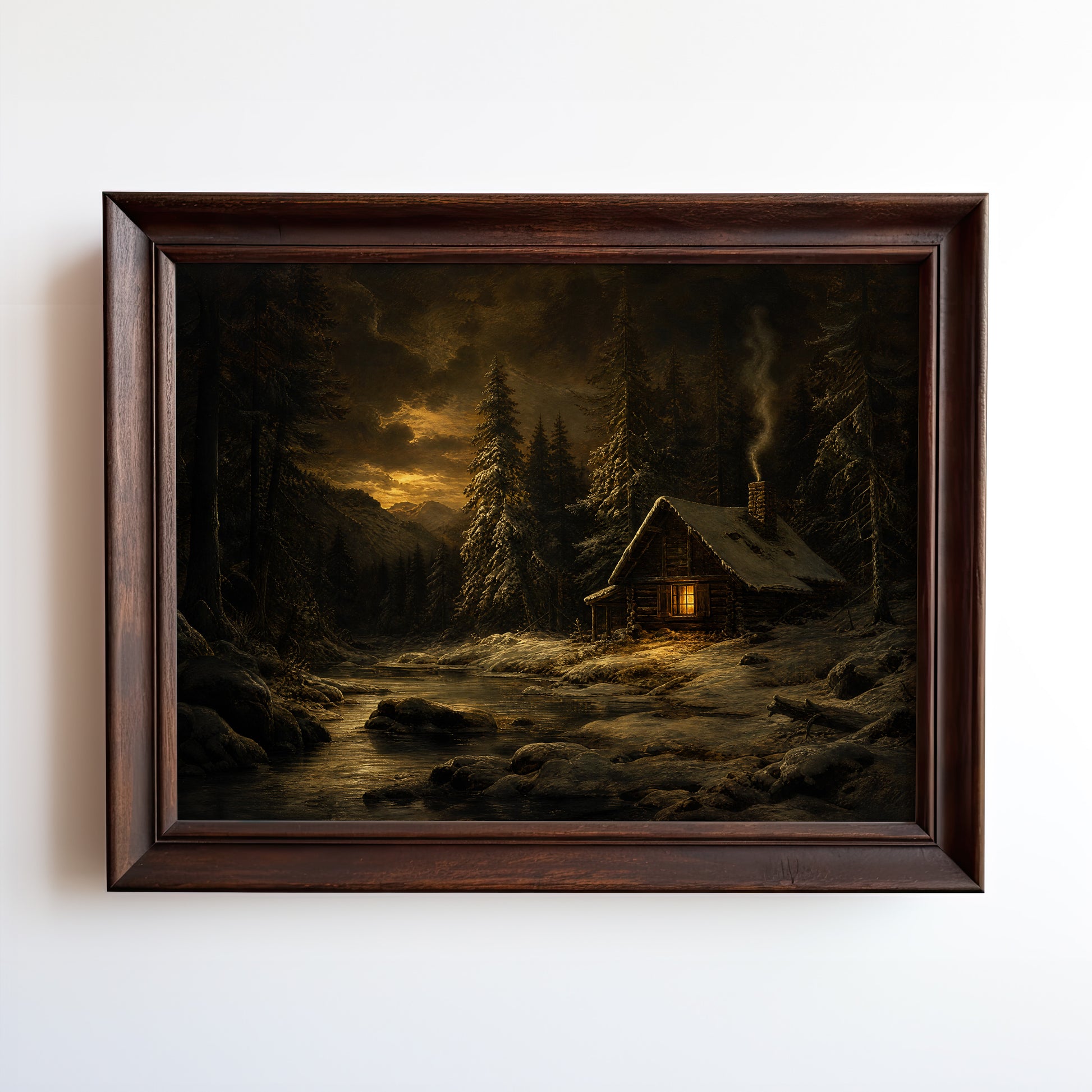 Oil painting of a snow-covered log cabin glowing at dusk in a winter forest
