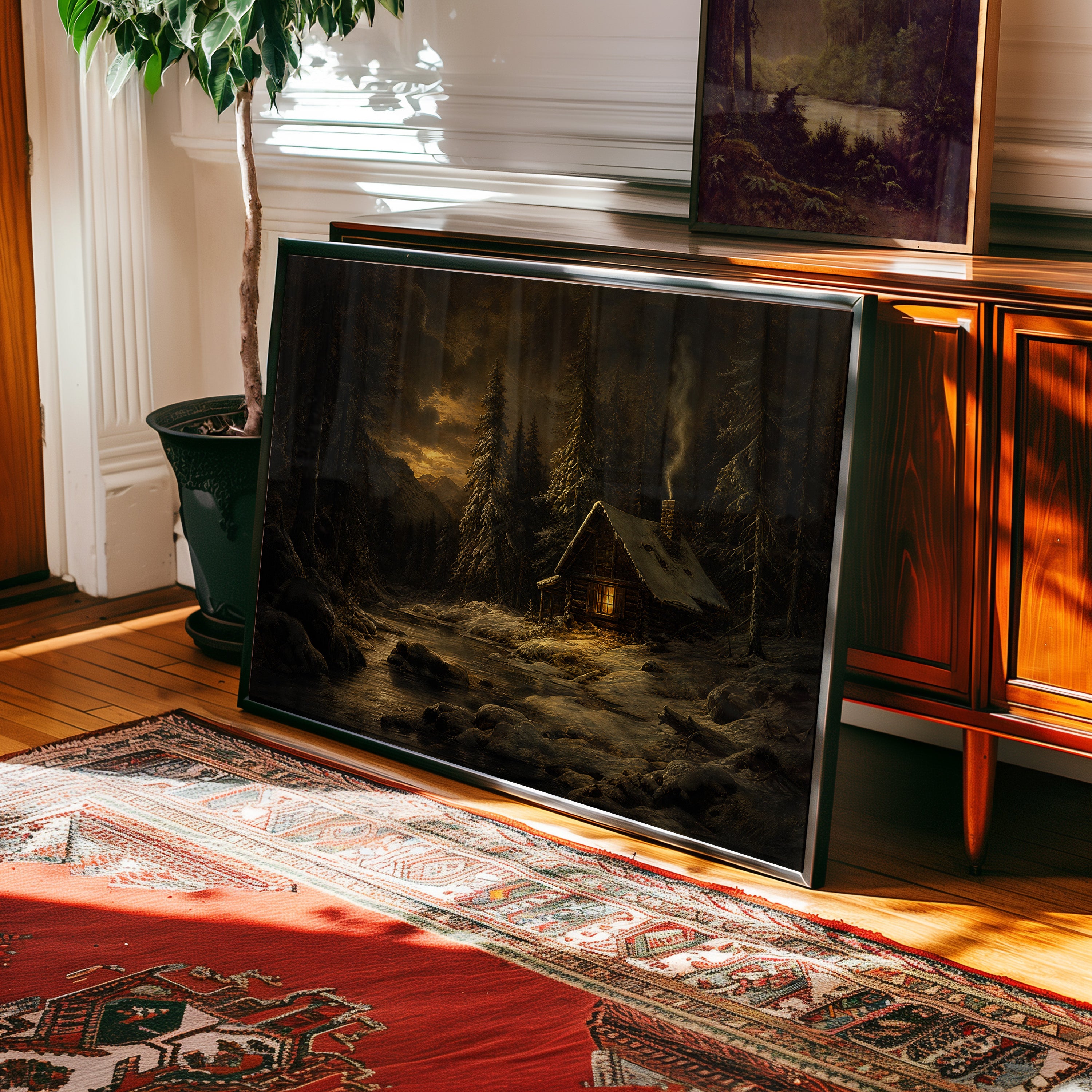 Oil painting of a snow-covered log cabin glowing at dusk in a winter forest — view 2