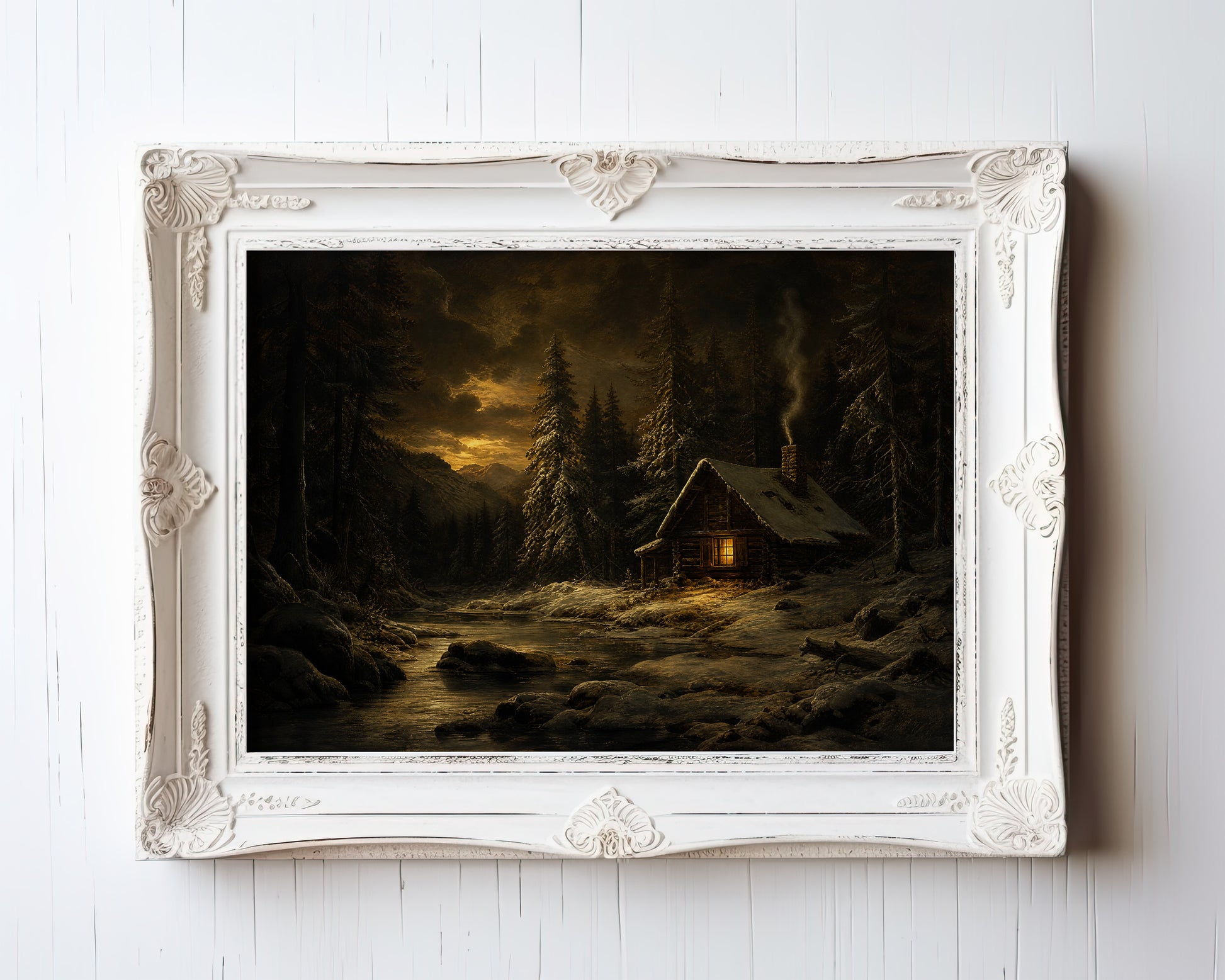 Oil painting of a snow-covered log cabin glowing at dusk in a winter forest — view 3