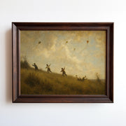 Oil painting of children flying kites on a golden-hour hillside