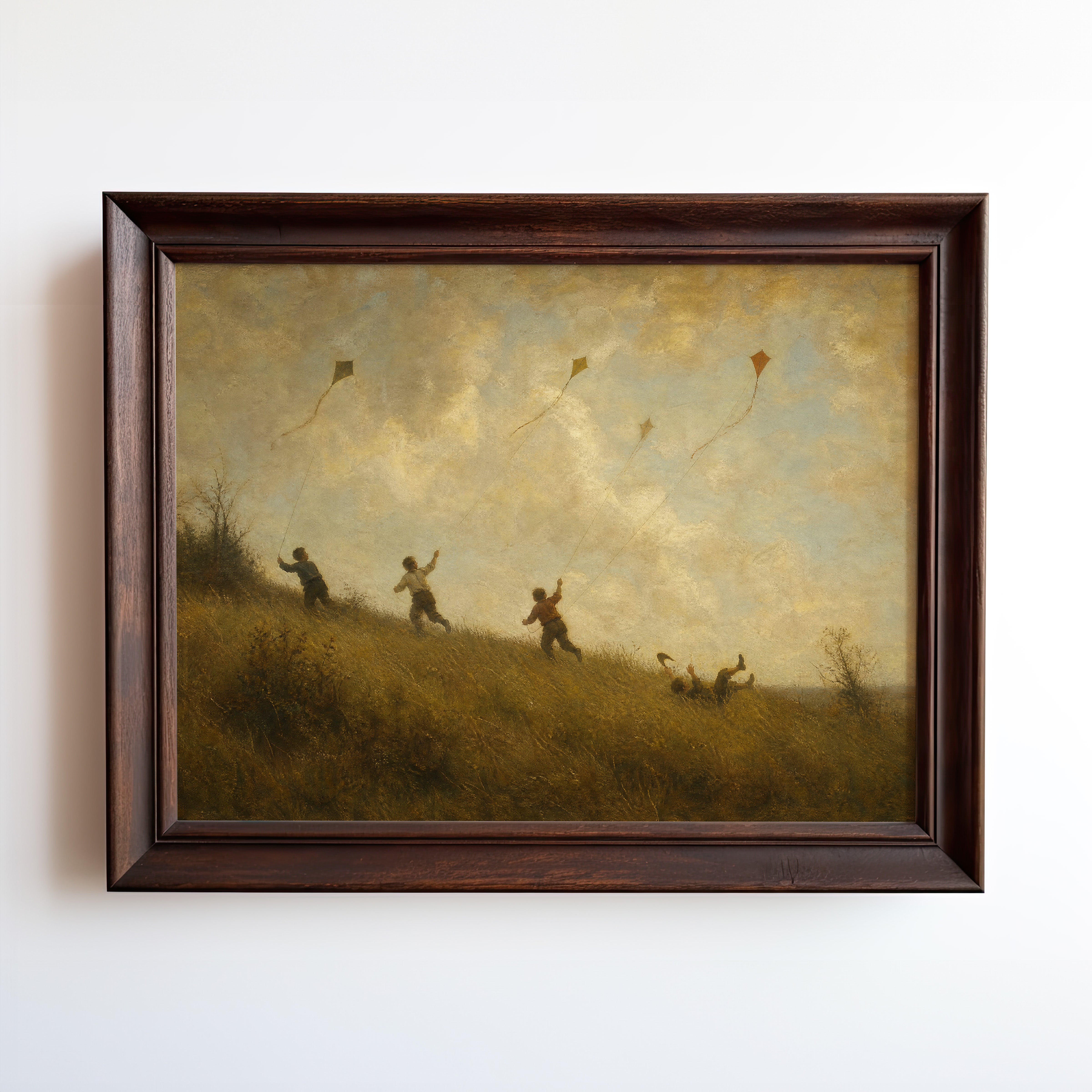Oil painting of children flying kites on a golden-hour hillside