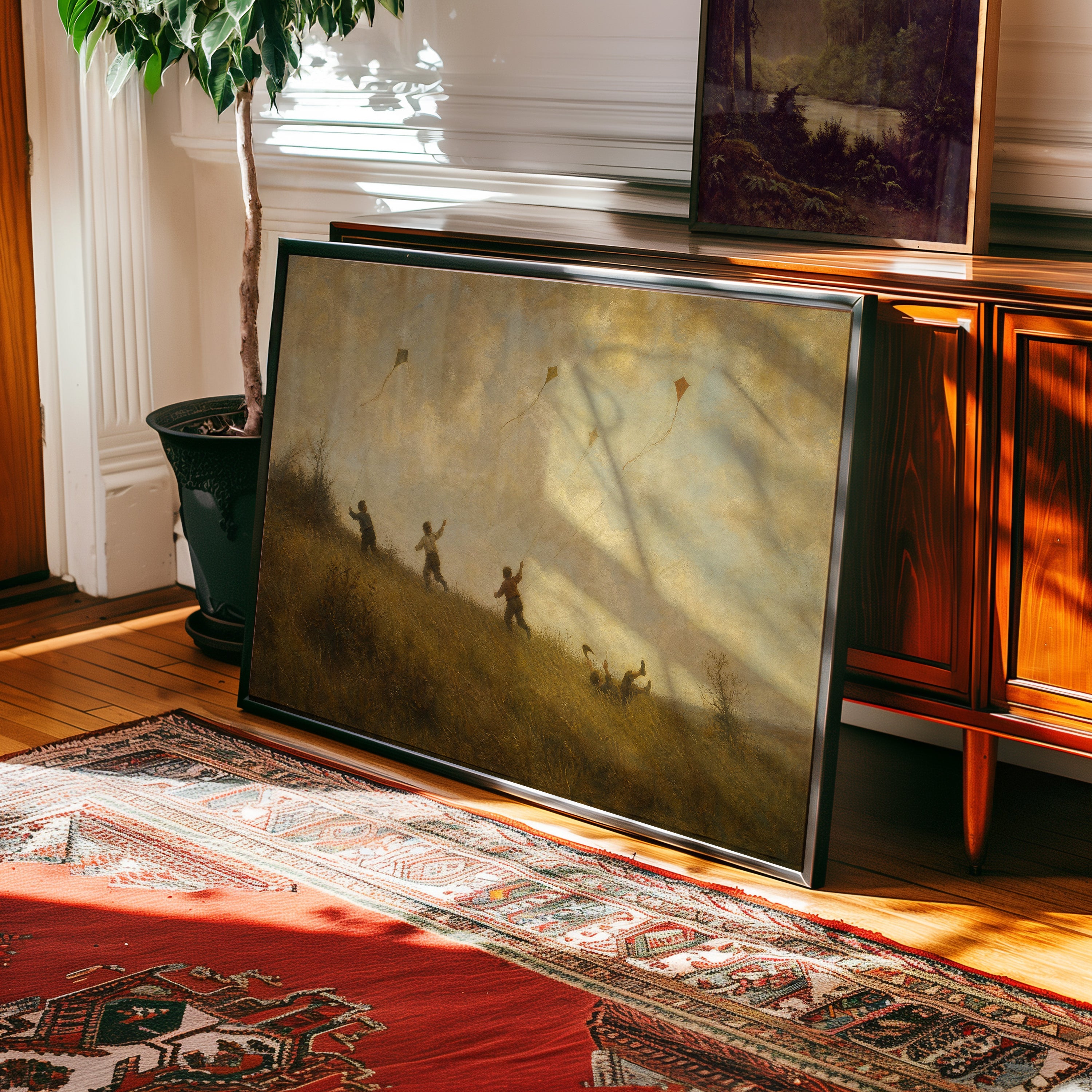 Oil painting of children flying kites on a golden-hour hillside — view 2
