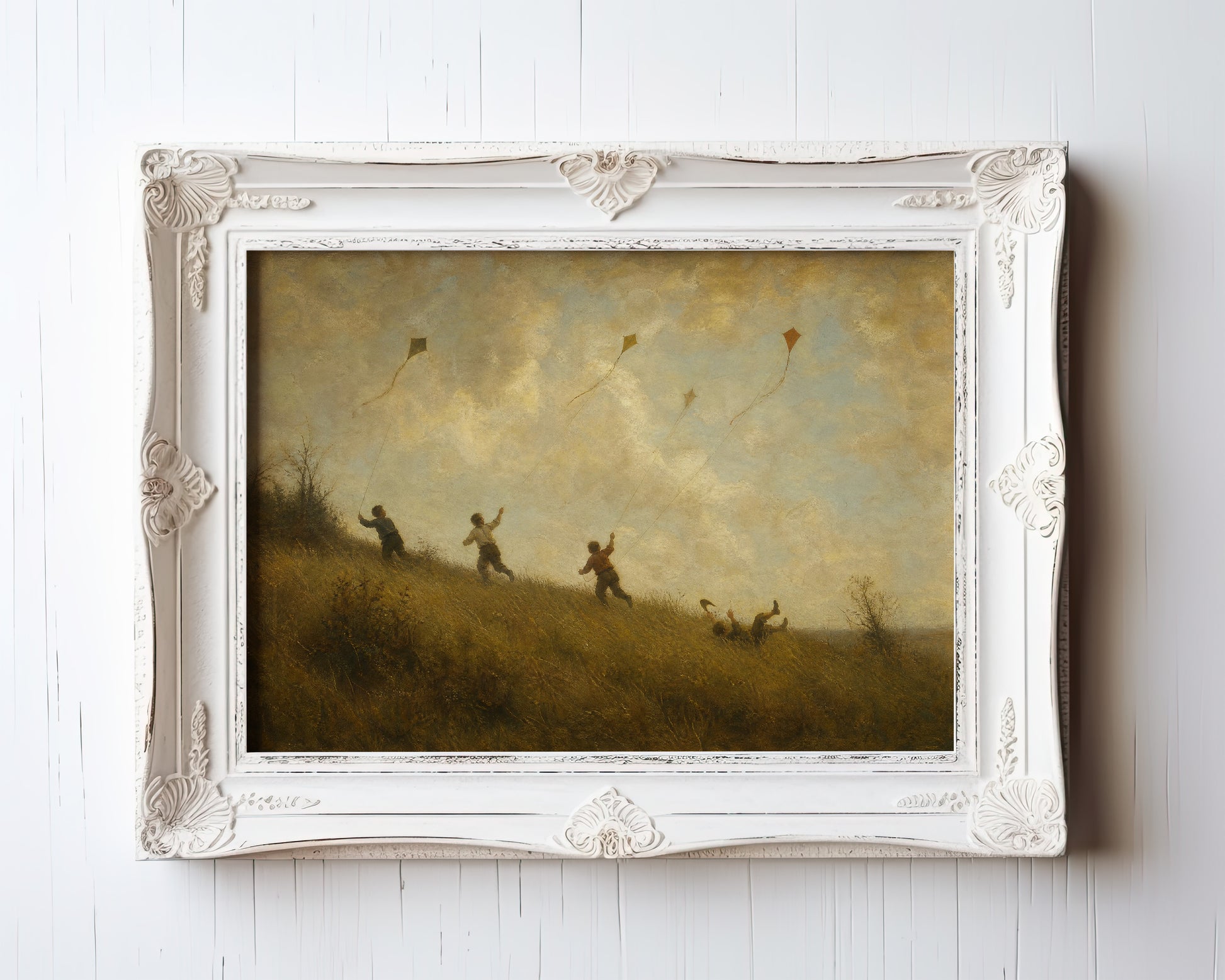 Oil painting of children flying kites on a golden-hour hillside — view 3