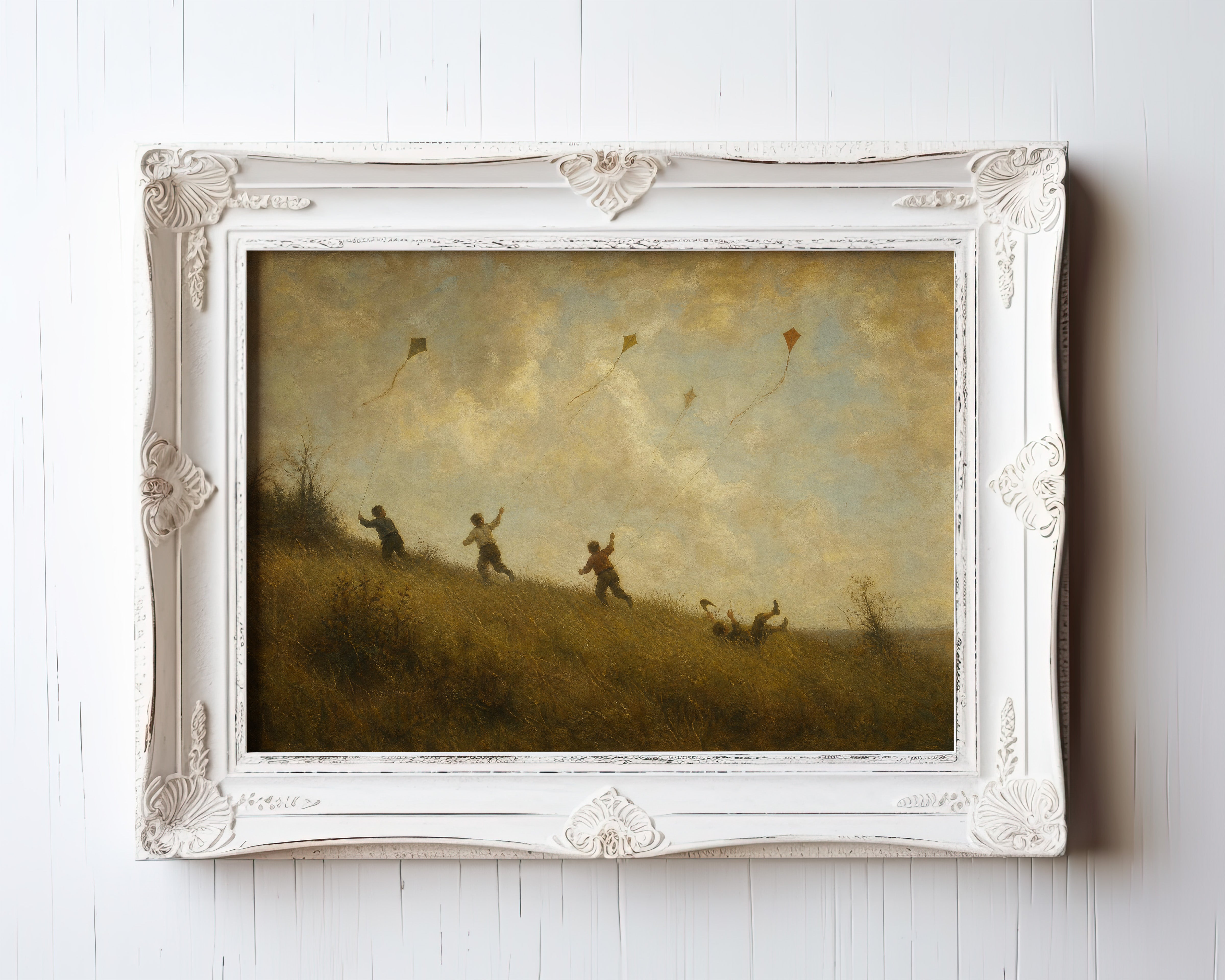 Oil painting of children flying kites on a golden-hour hillside — view 3