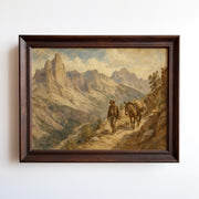 Vintage poster of a cowboy leading a pack horse along a mountain ridge trail