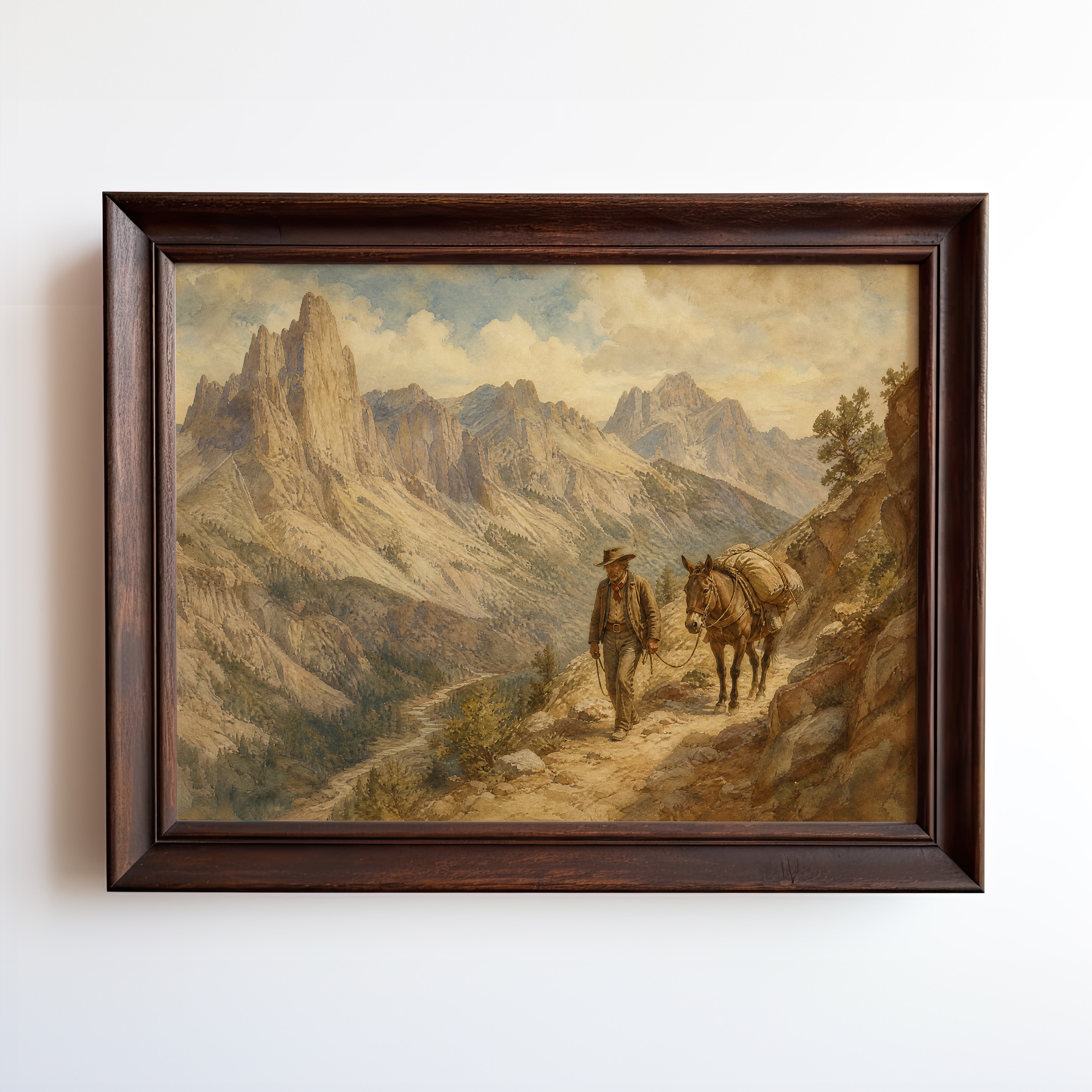 Vintage poster of a cowboy leading a pack horse along a mountain ridge trail