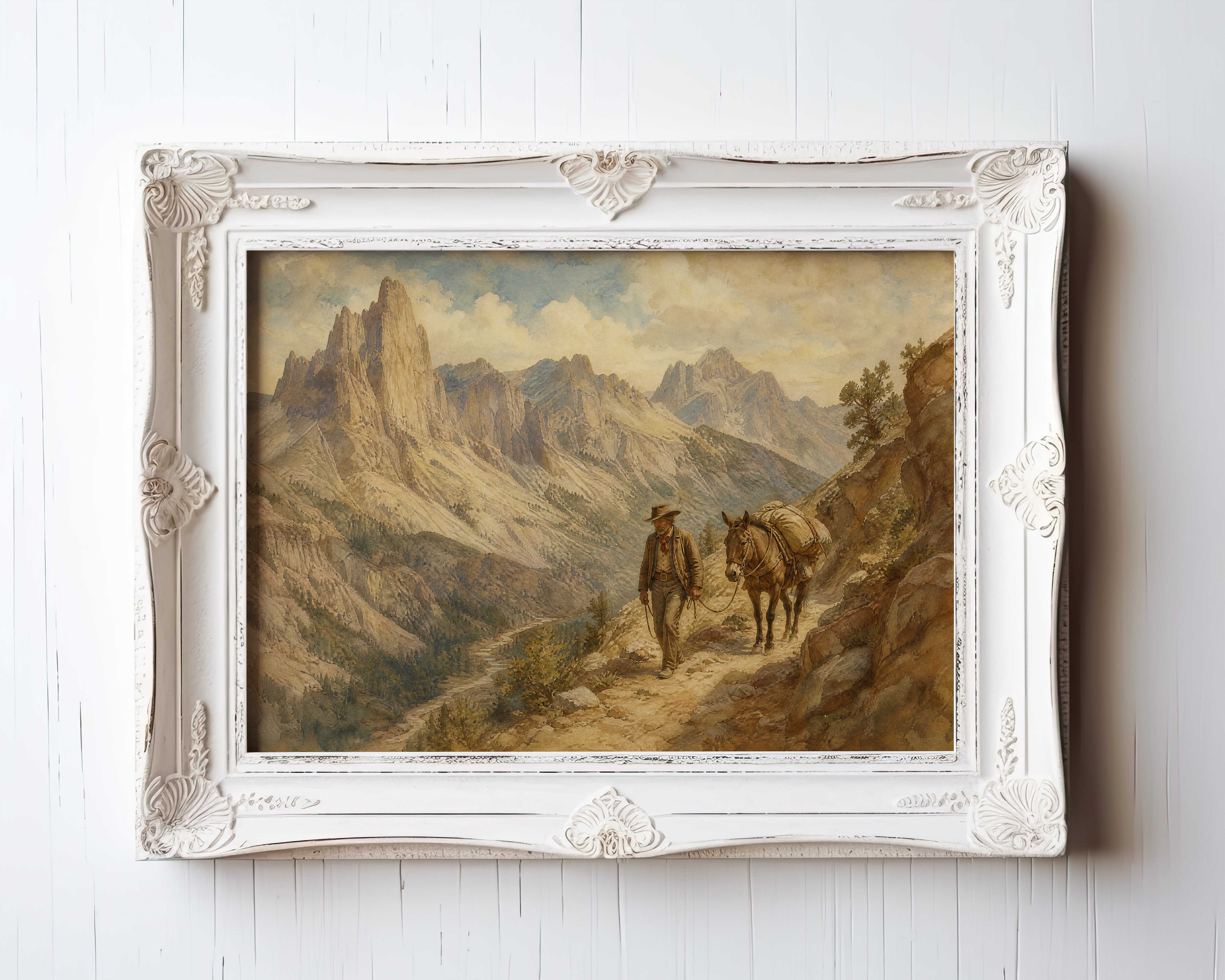 Vintage poster of a cowboy leading a pack horse along a mountain ridge trail — view 3