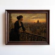 Oil painting of woman in black dress overlooking golden-lit Paris and Sacré-Cœur