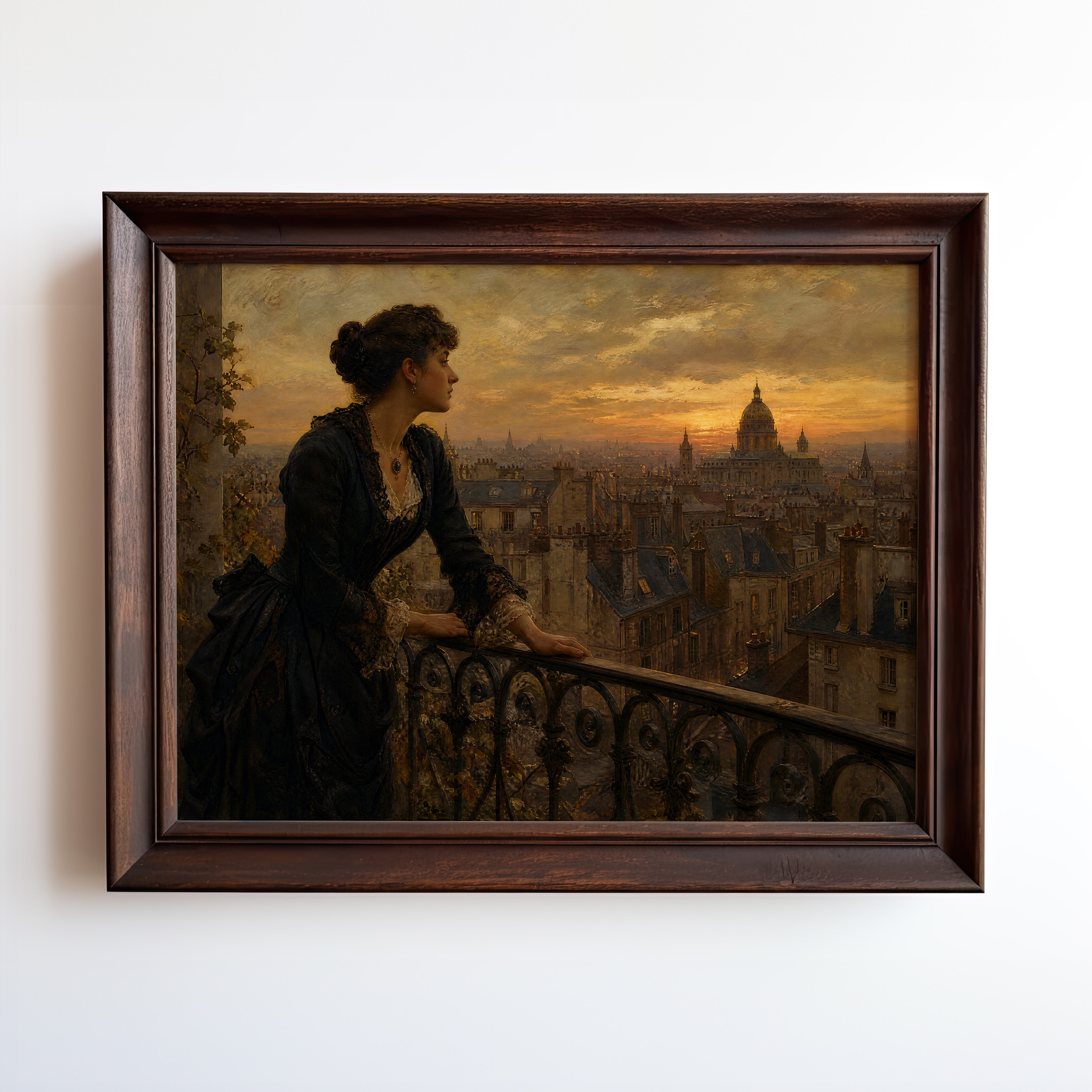 Oil painting of woman in black dress overlooking golden-lit Paris and Sacré-Cœur