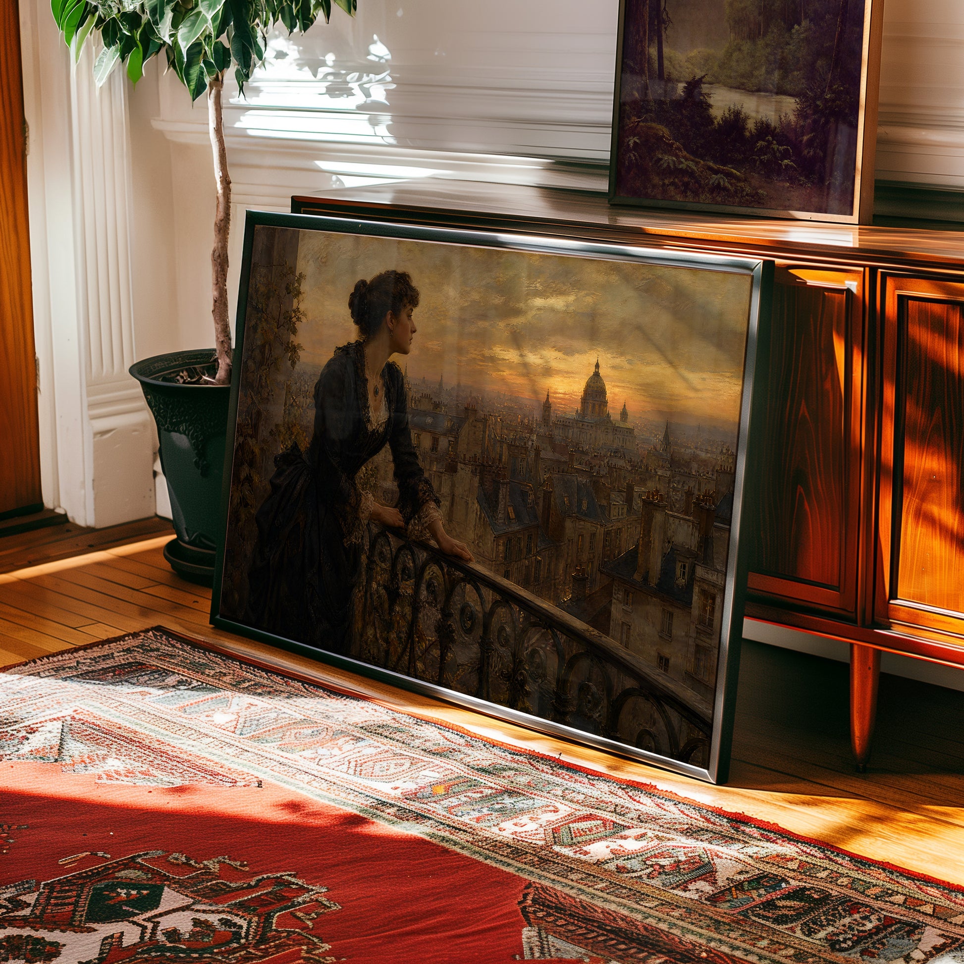 Oil painting of woman in black dress overlooking golden-lit Paris and Sacré-Cœur — view 2