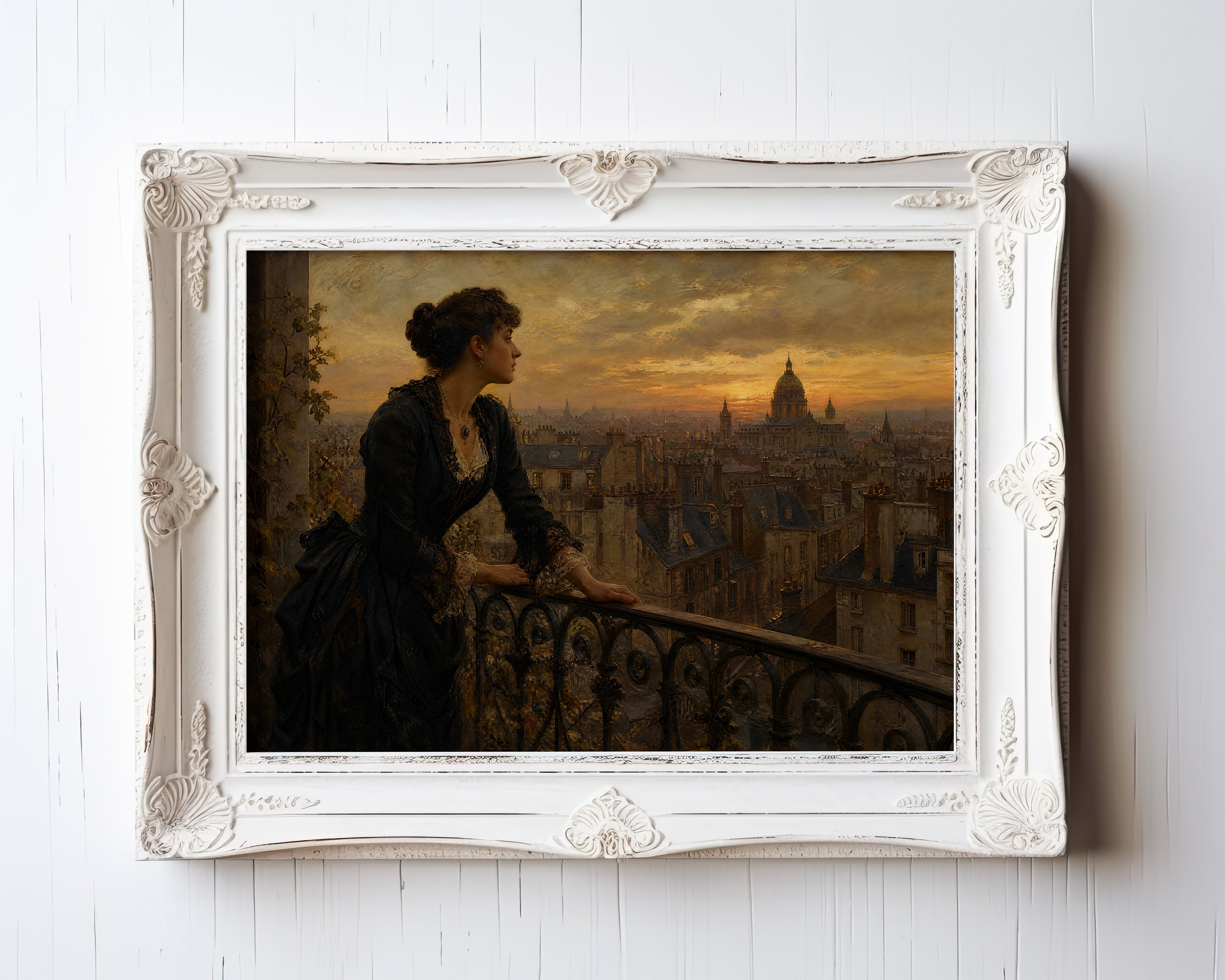 Oil painting of woman in black dress overlooking golden-lit Paris and Sacré-Cœur — view 3