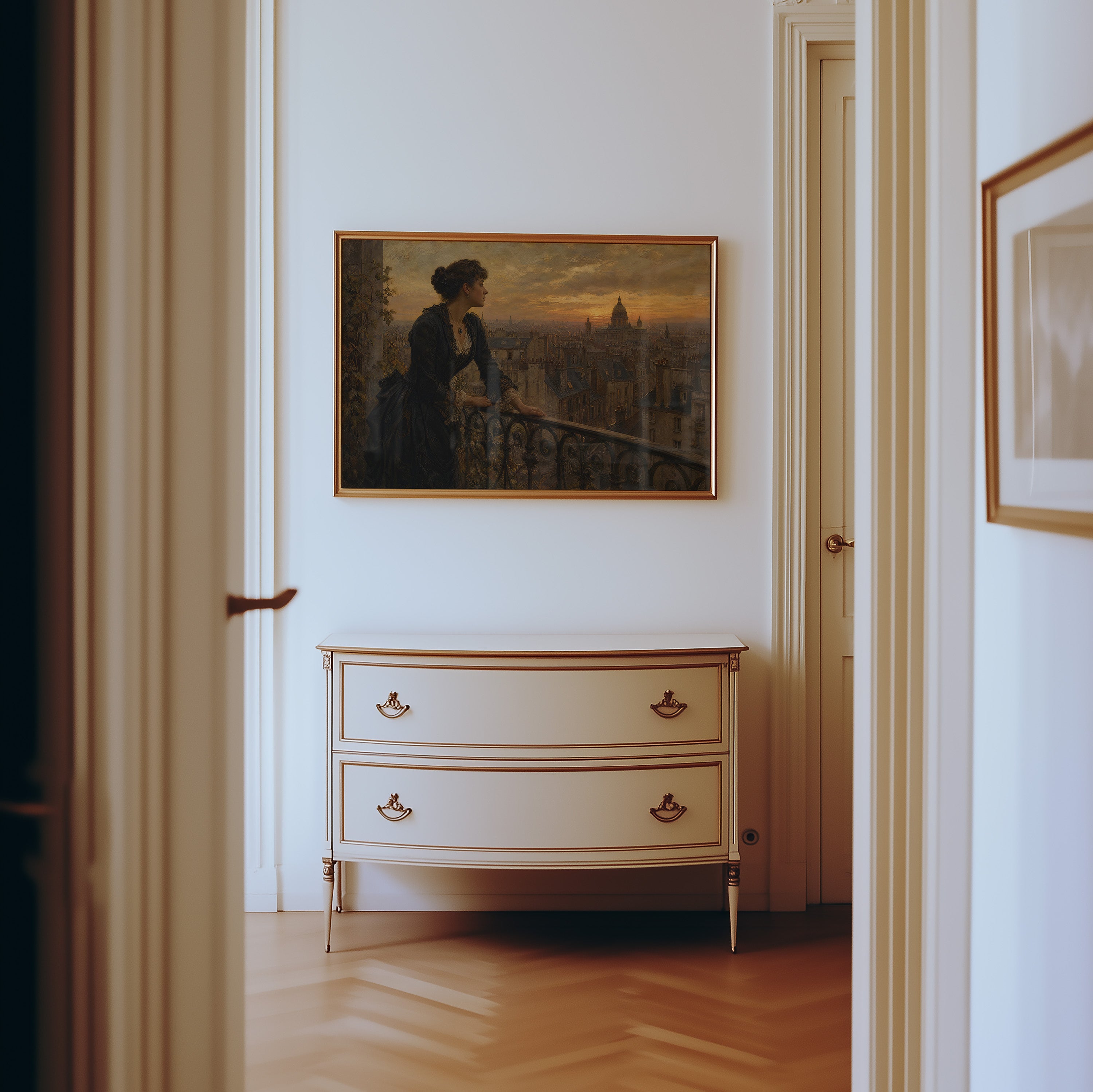 Oil painting of woman in black dress overlooking golden-lit Paris and Sacré-Cœur — view 4