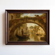 Venice canal oil painting: gondolier under arched bridge, cat perched above