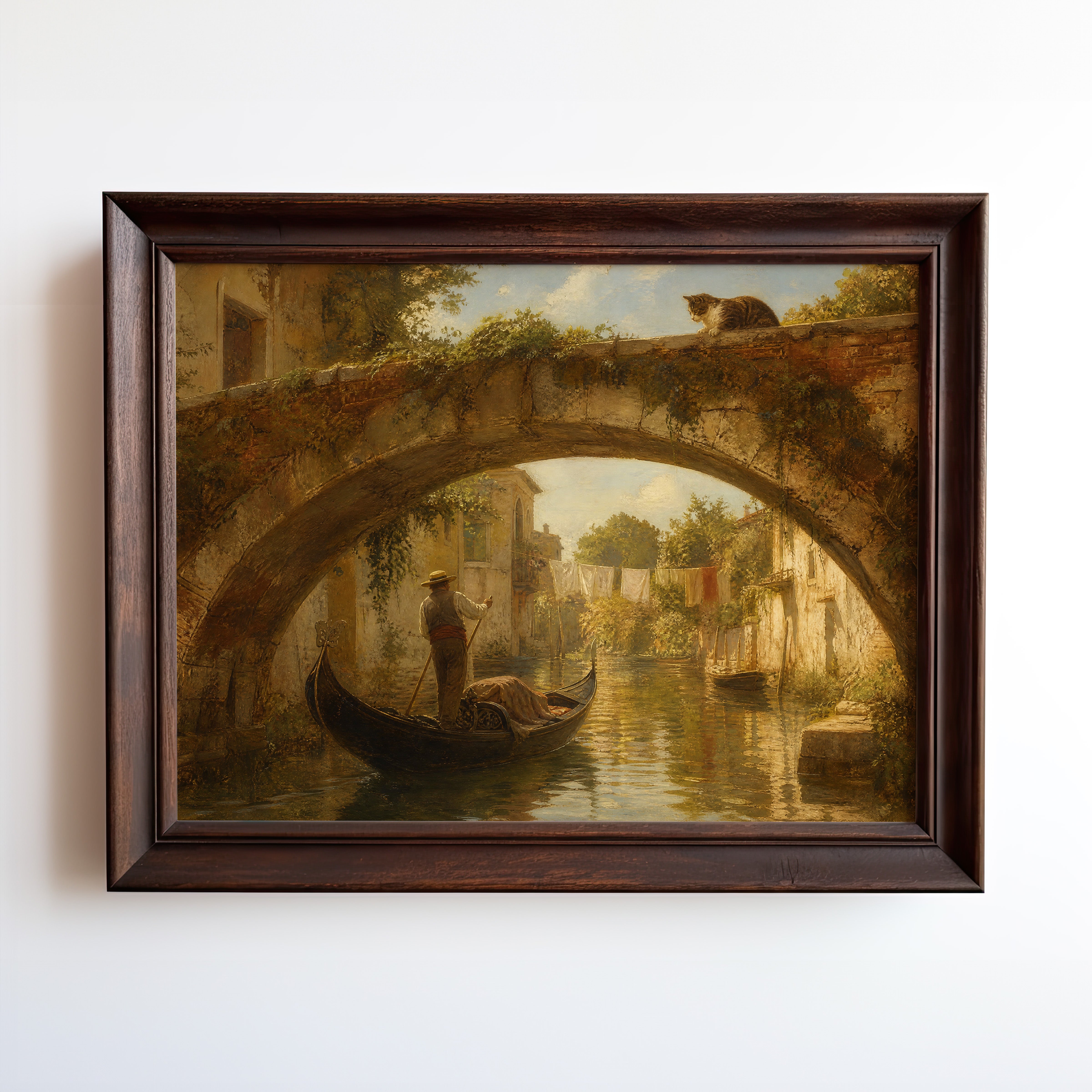 Venice canal oil painting: gondolier under arched bridge, cat perched above