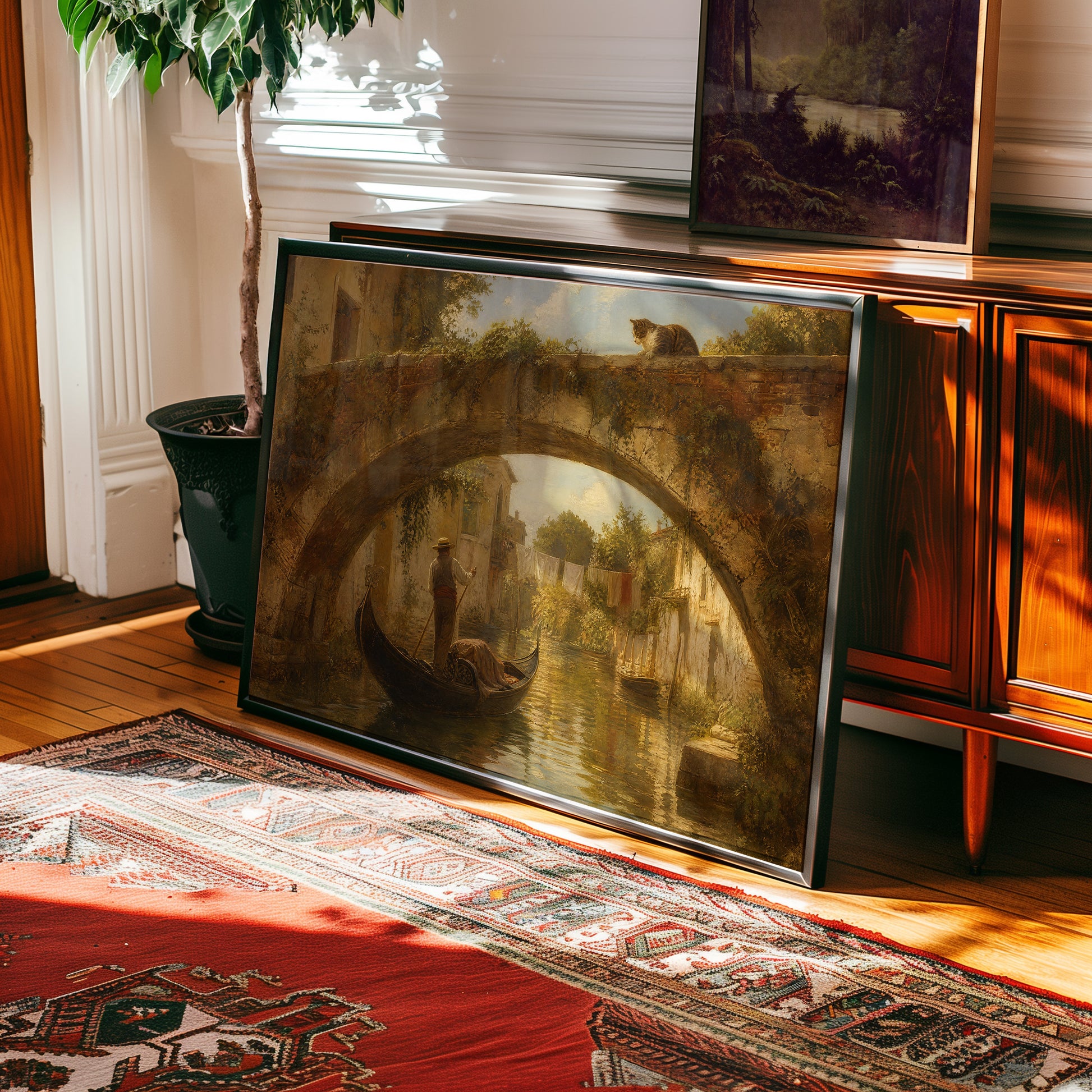 Venice canal oil painting: gondolier under arched bridge, cat perched above — view 2
