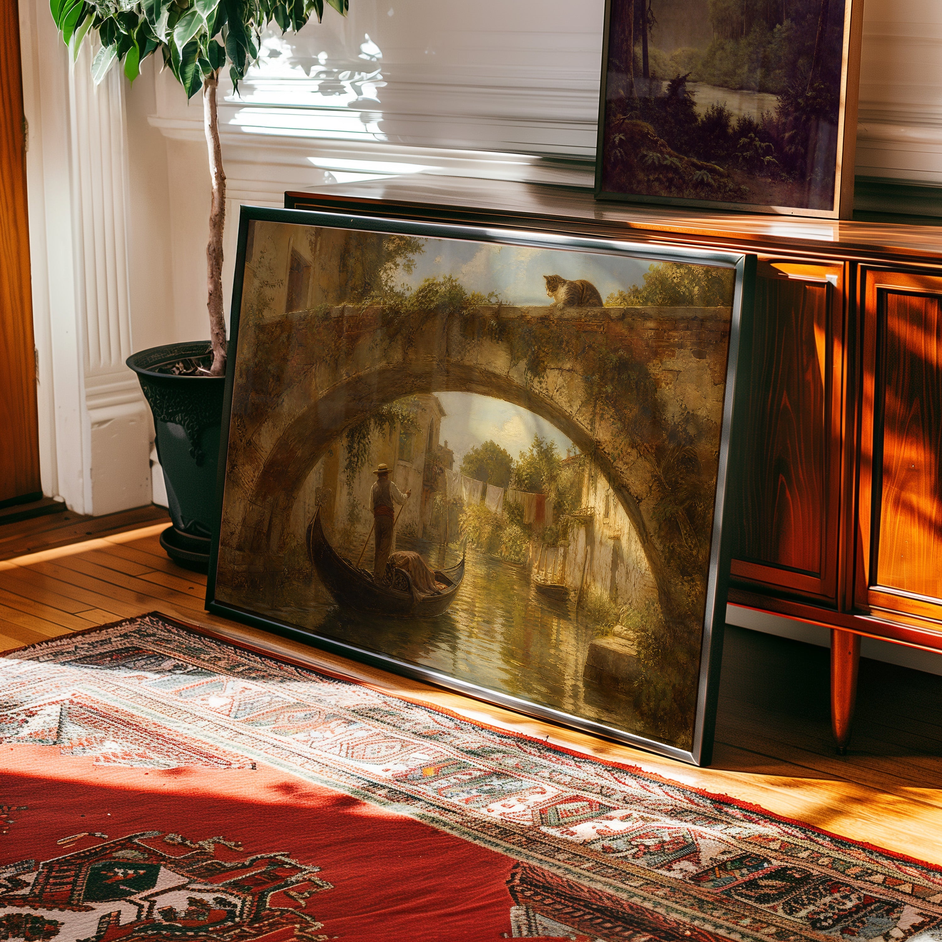 Venice canal oil painting: gondolier under arched bridge, cat perched above — view 2