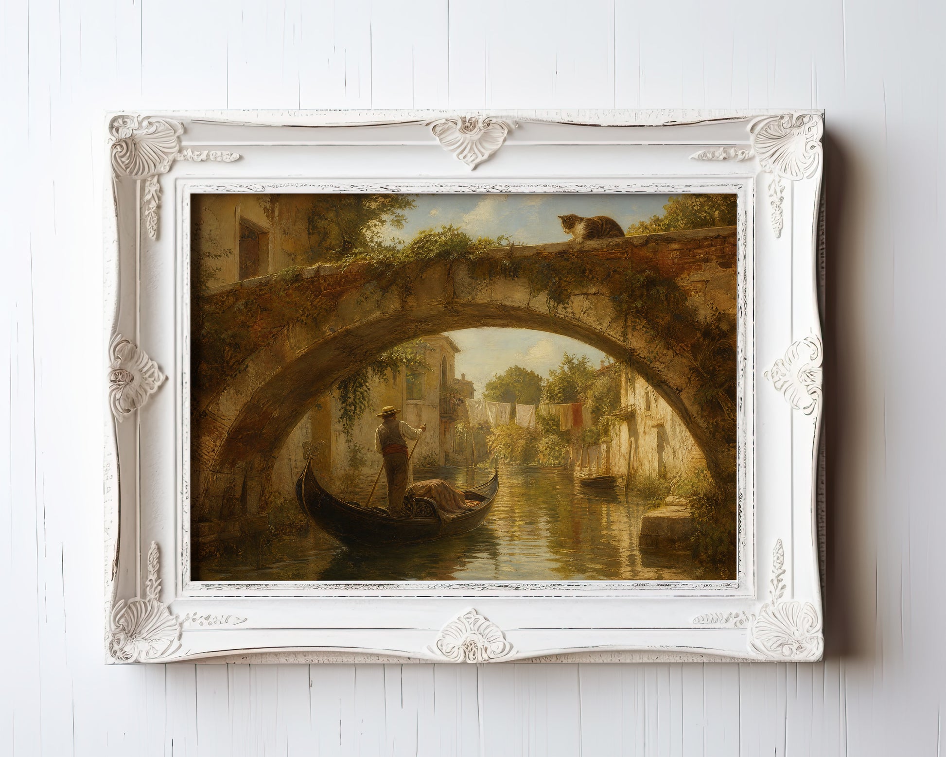 Venice canal oil painting: gondolier under arched bridge, cat perched above — view 3