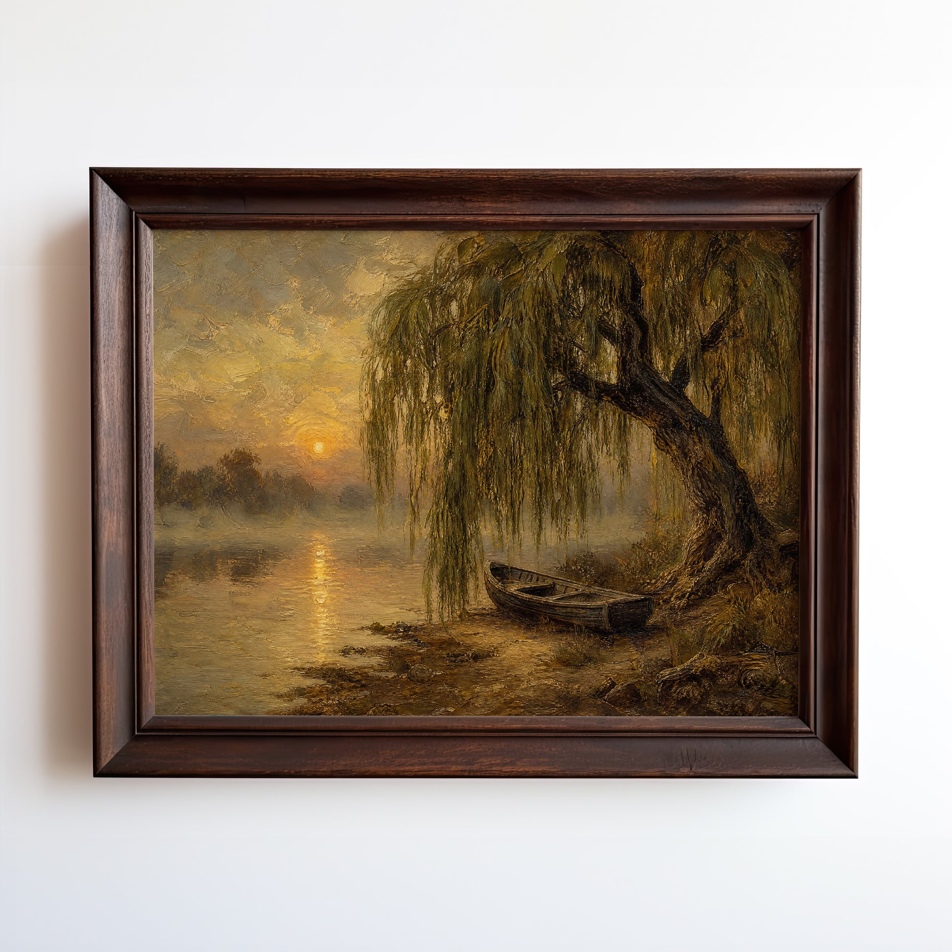Oil painting of a weeping willow over a still river at golden sunrise with a moored boat