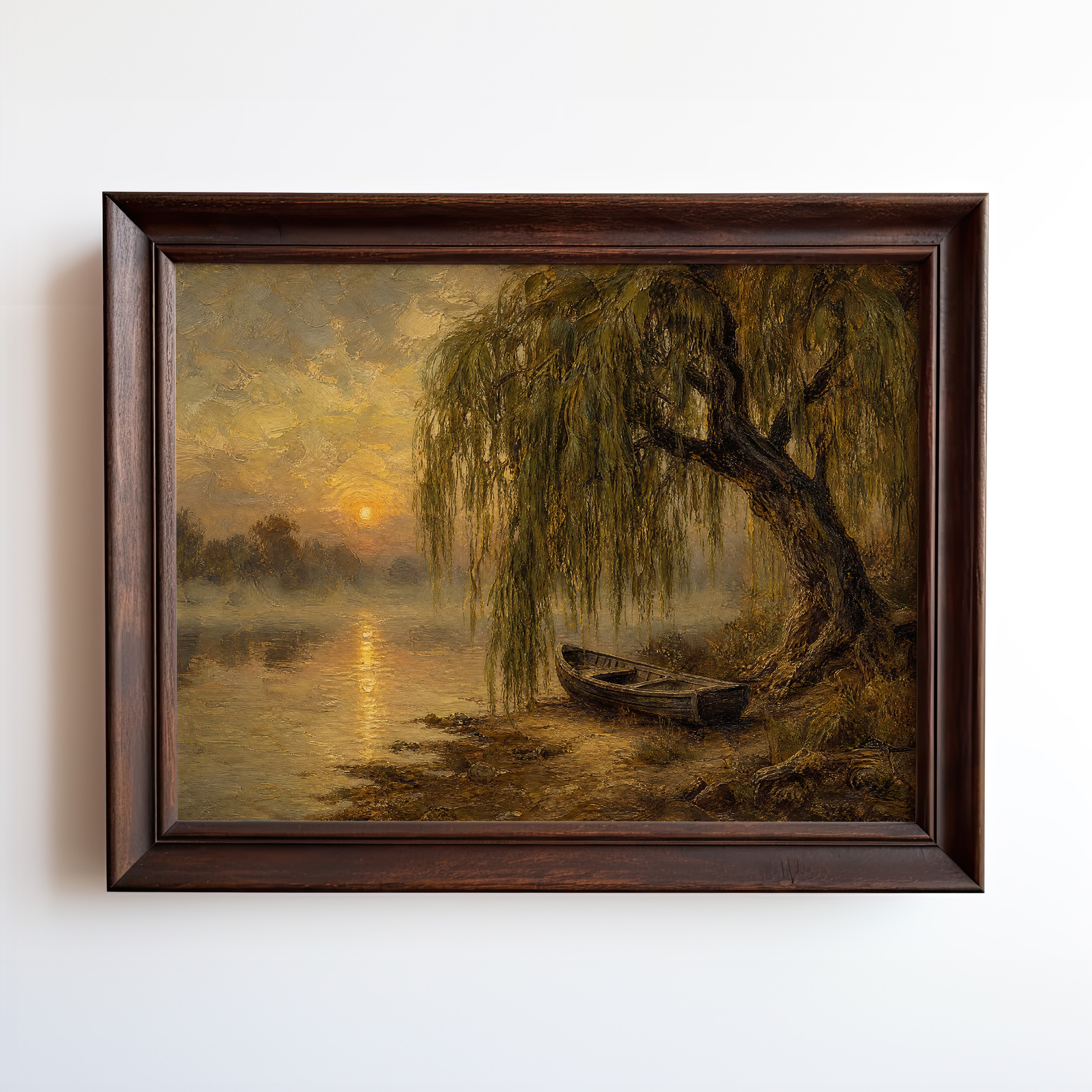 Oil painting of a weeping willow over a still river at golden sunrise with a moored boat