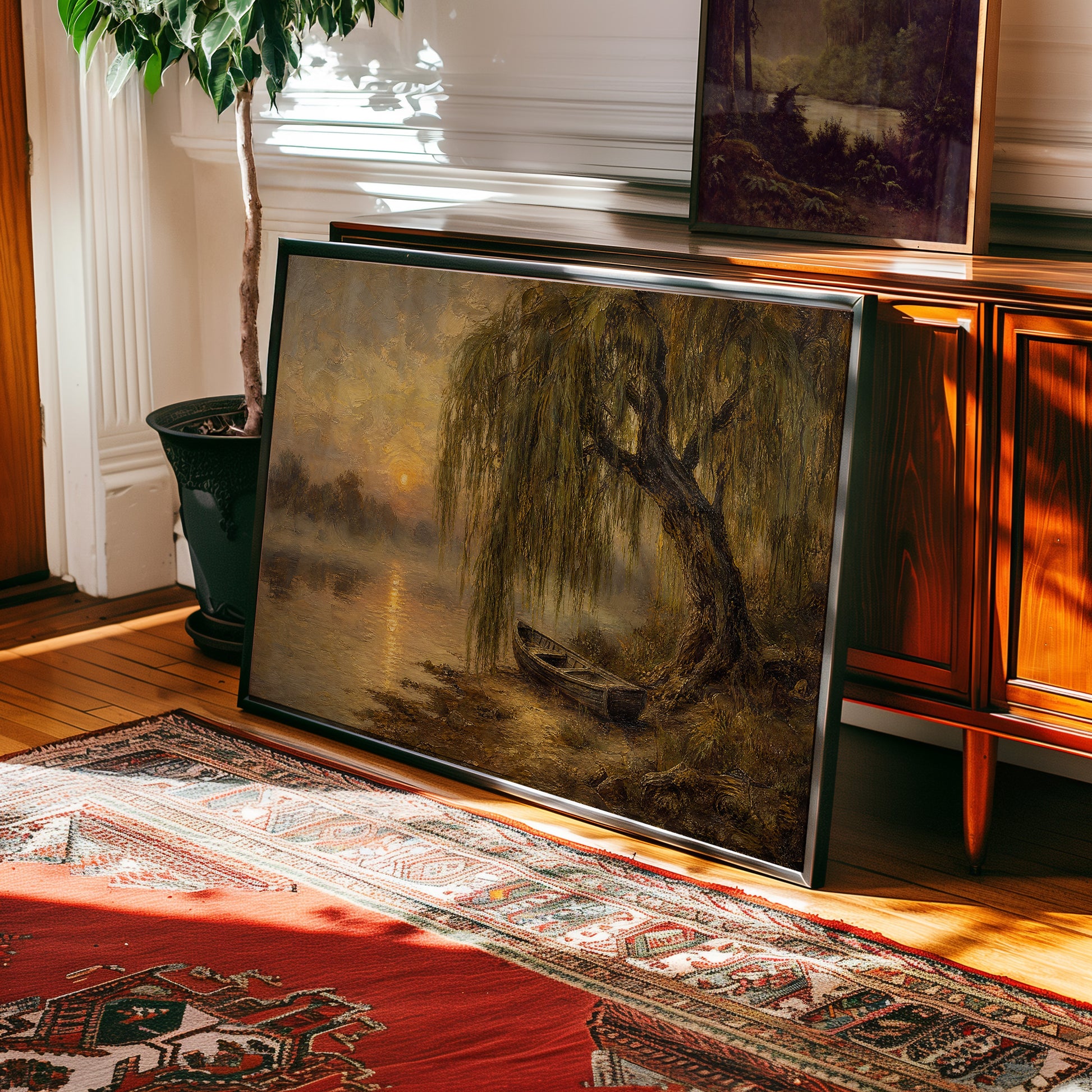 Oil painting of a weeping willow over a still river at golden sunrise with a moored boat — view 2