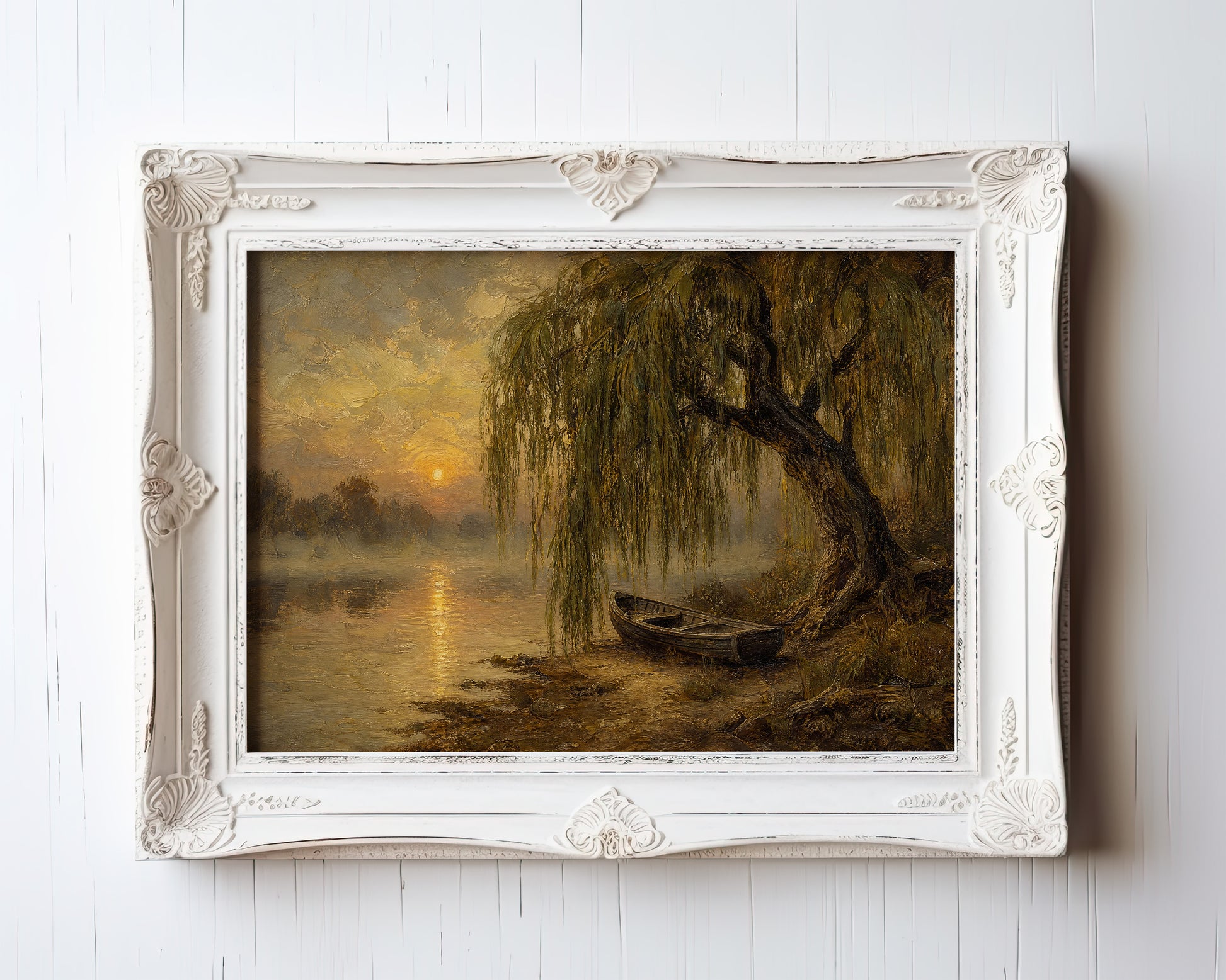 Oil painting of a weeping willow over a still river at golden sunrise with a moored boat — view 3