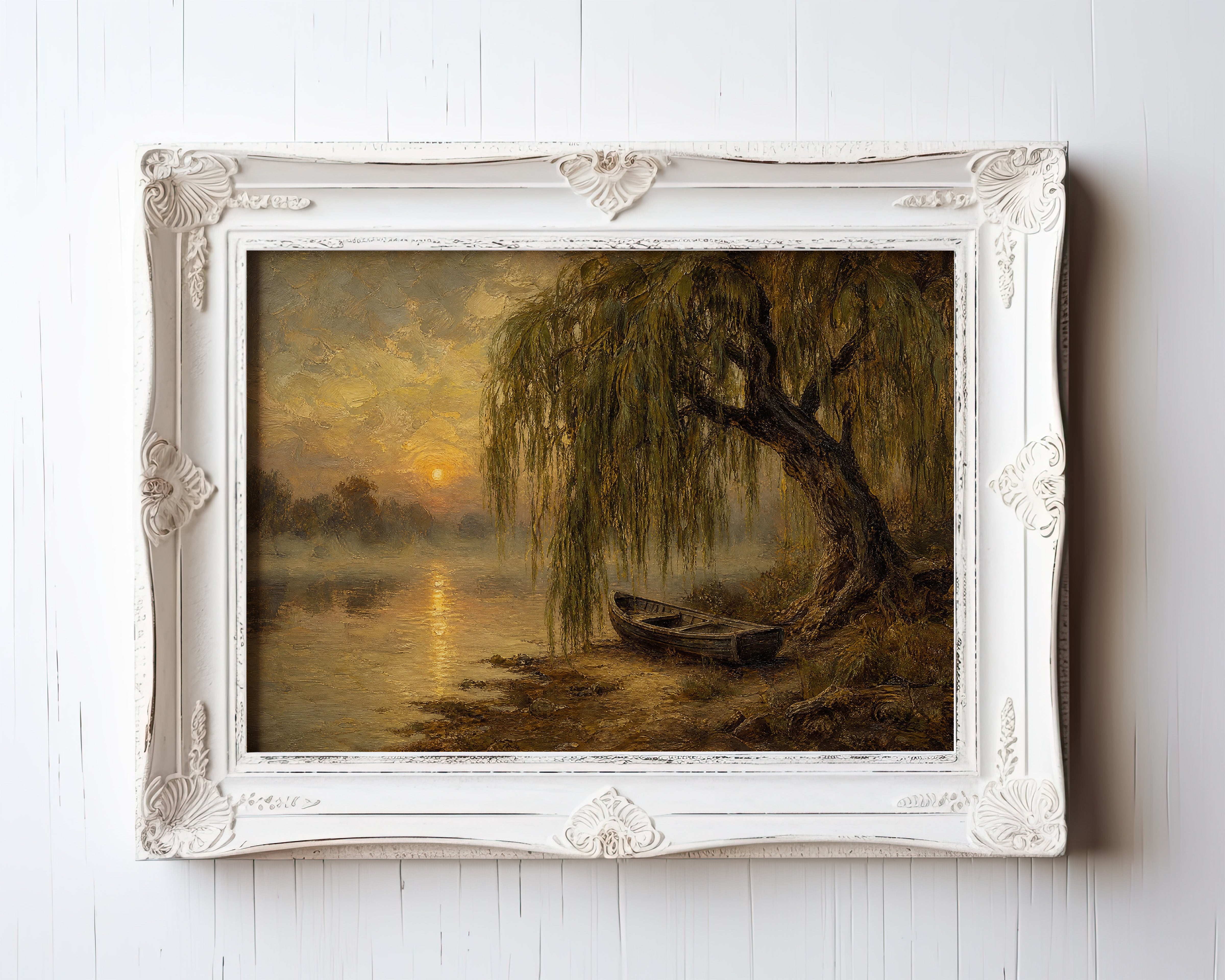 Oil painting of a weeping willow over a still river at golden sunrise with a moored boat — view 3