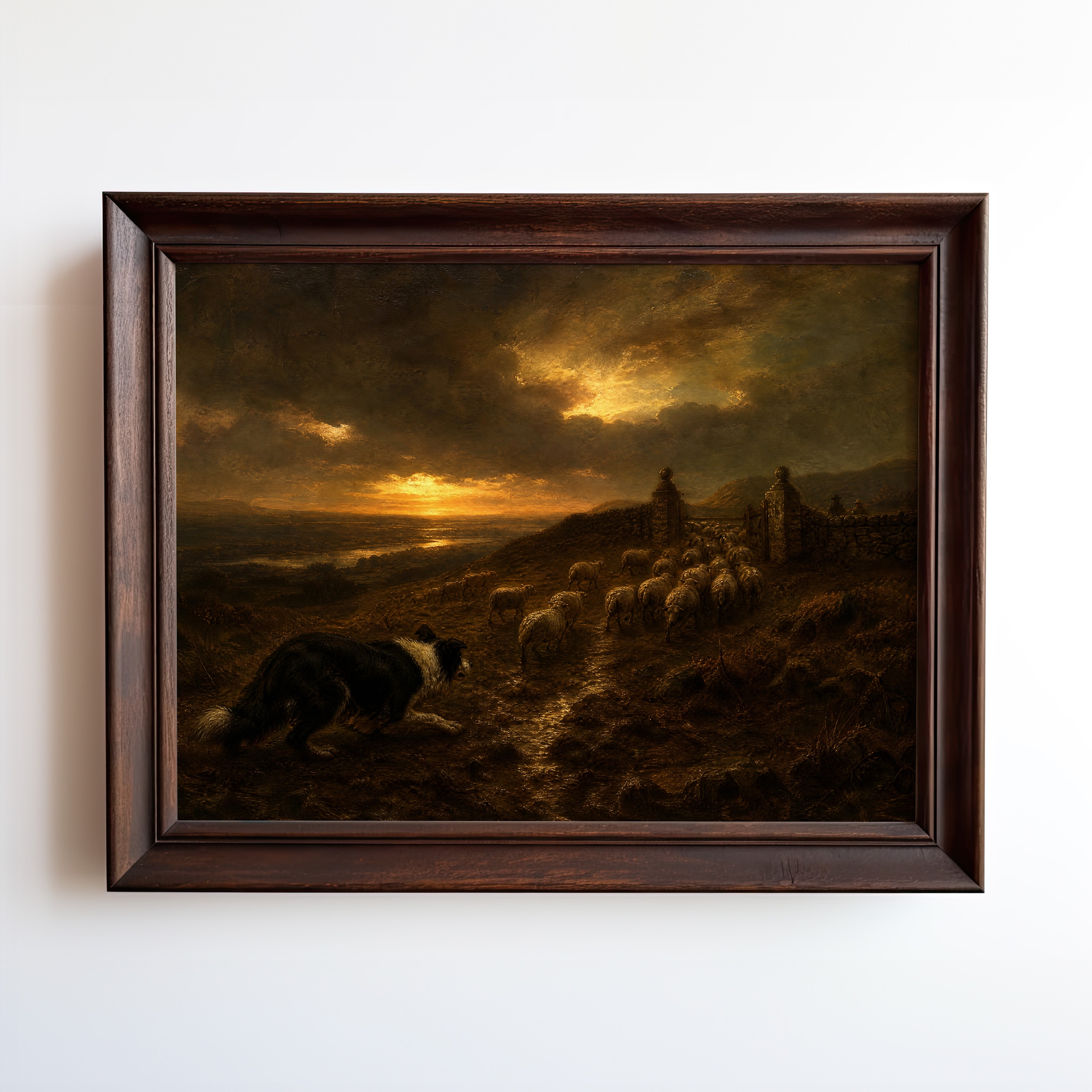 Oil painting print of a shepherd and flock at golden sunset with storm clouds breaking