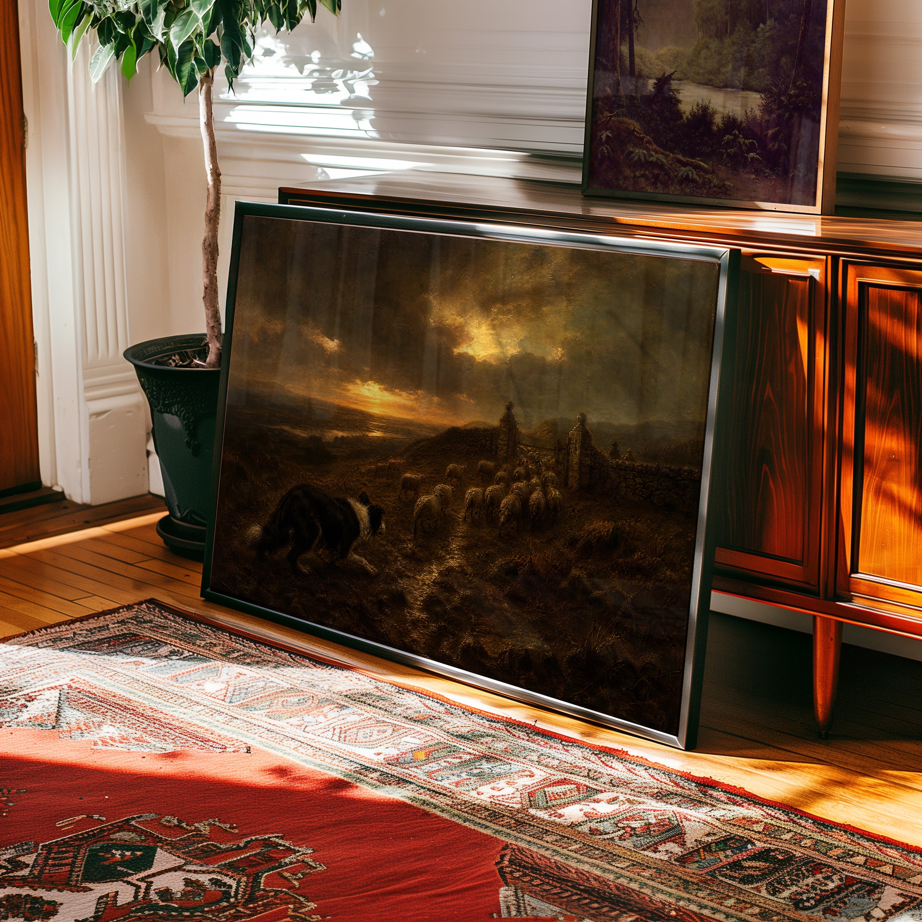 Oil painting print of a shepherd and flock at golden sunset with storm clouds breaking — view 2