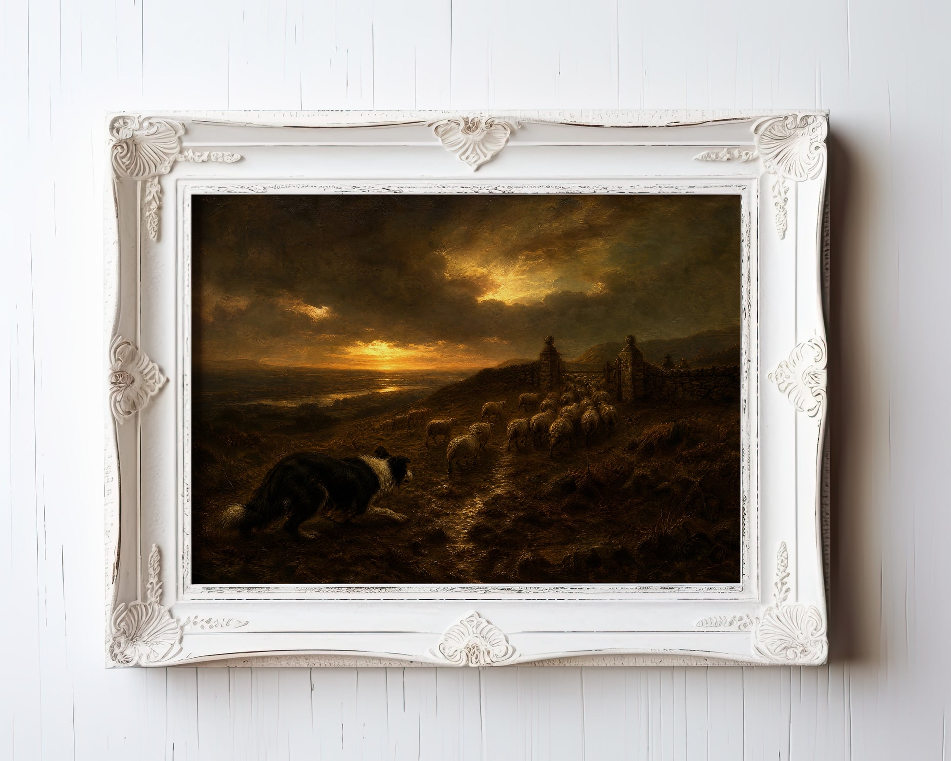 Oil painting print of a shepherd and flock at golden sunset with storm clouds breaking — view 3