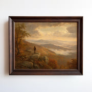 Oil painting of a solitary figure on a misty mountain ridge with autumn foliage