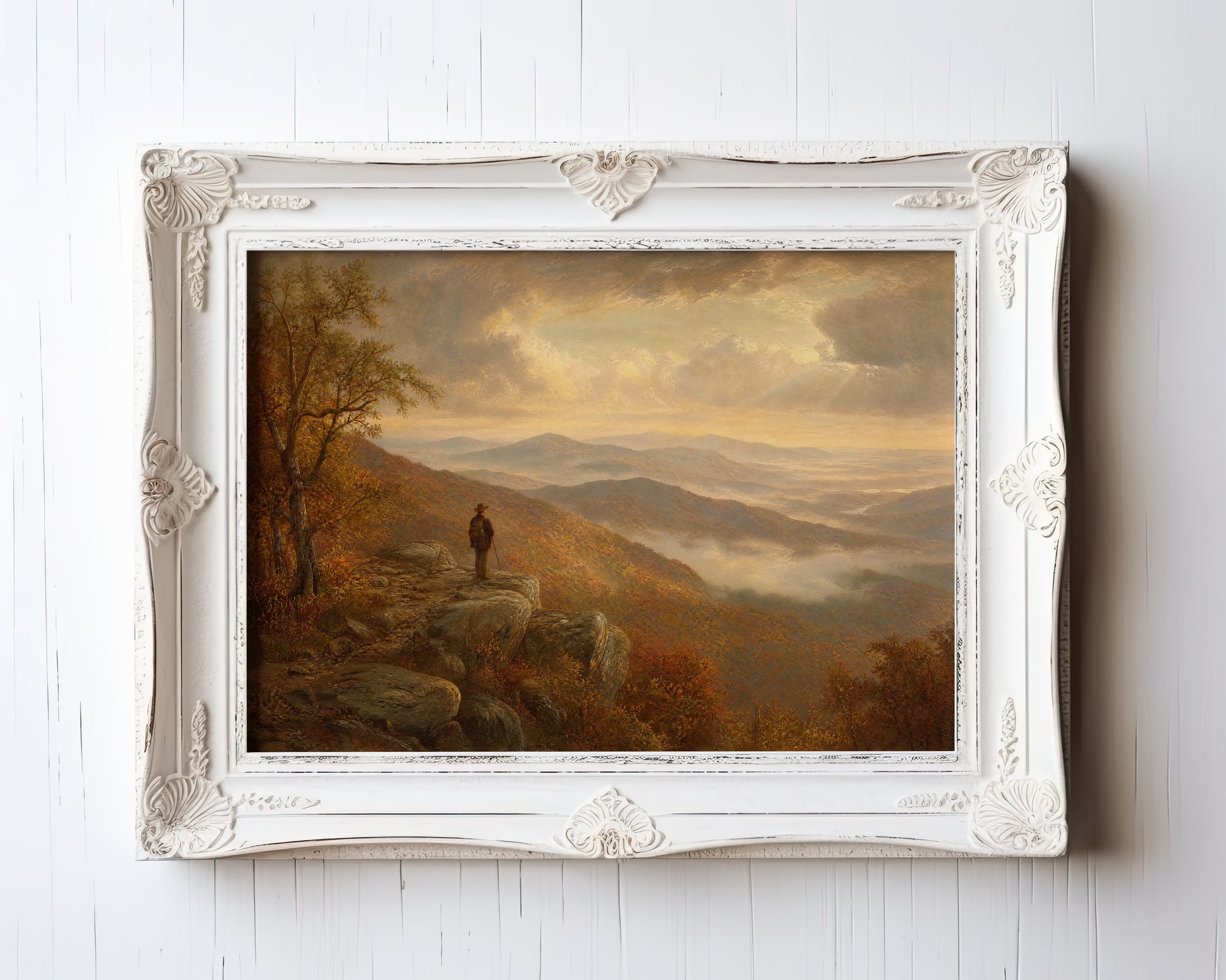Oil painting of a solitary figure on a misty mountain ridge with autumn foliage — view 3