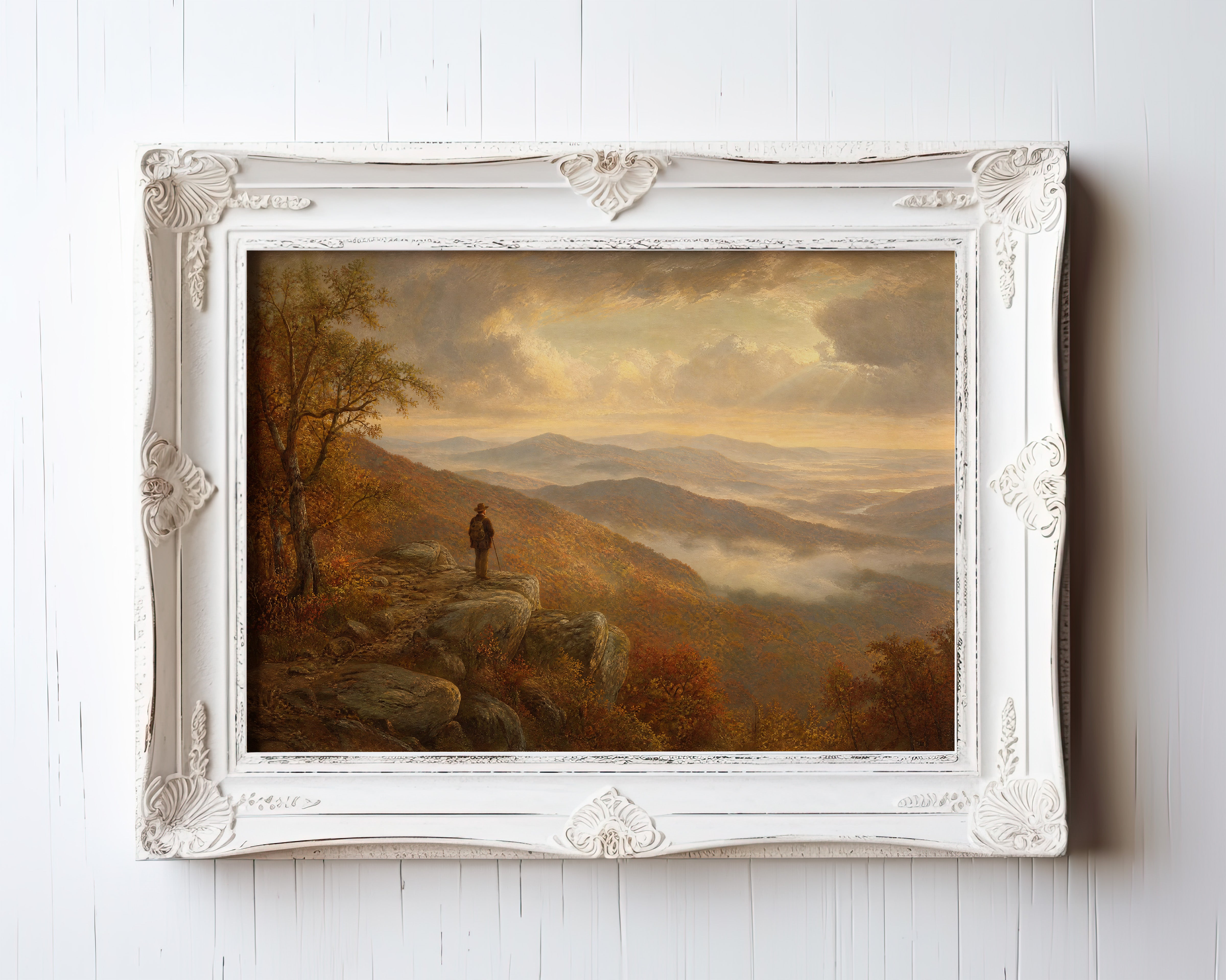 Oil painting of a solitary figure on a misty mountain ridge with autumn foliage — view 3
