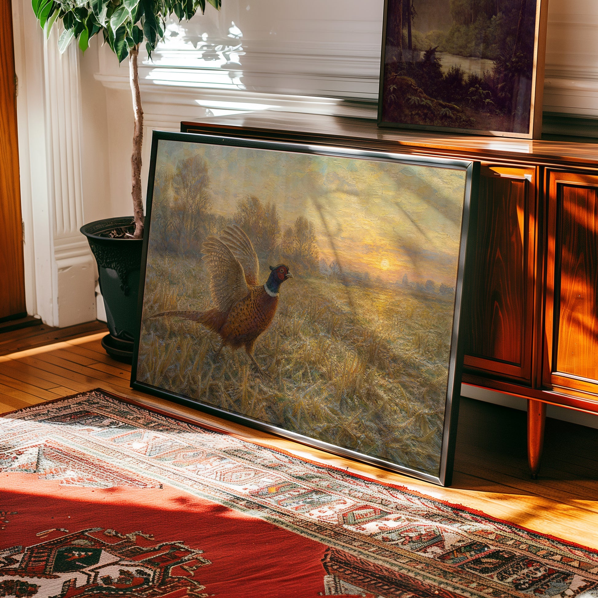 Oil painting of a pheasant in a harvested grain field at golden sunrise — view 2