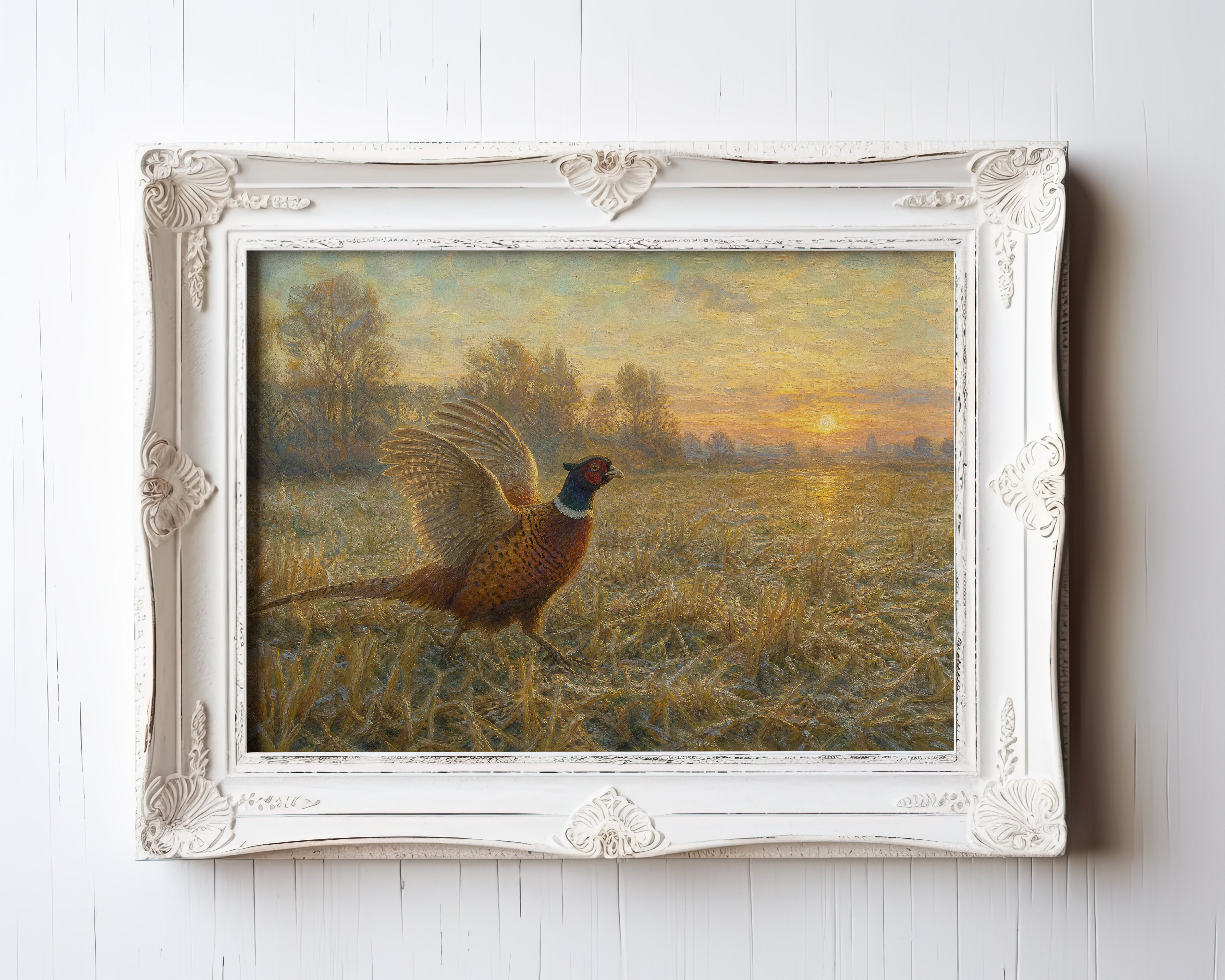 Oil painting of a pheasant in a harvested grain field at golden sunrise — view 3