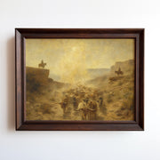 Oil painting of a longhorn cattle drive through a desert canyon at dawn