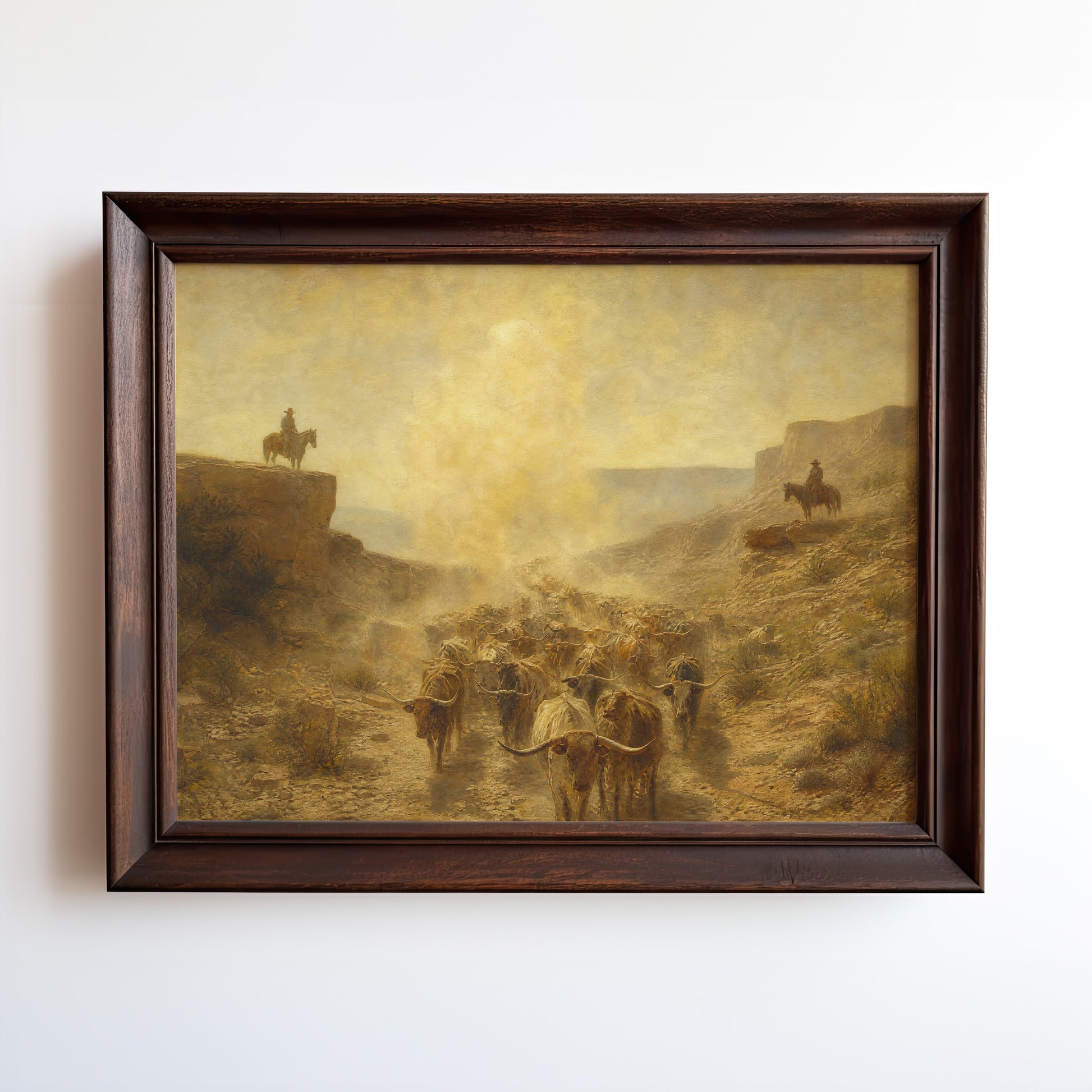 Oil painting of a longhorn cattle drive through a desert canyon at dawn