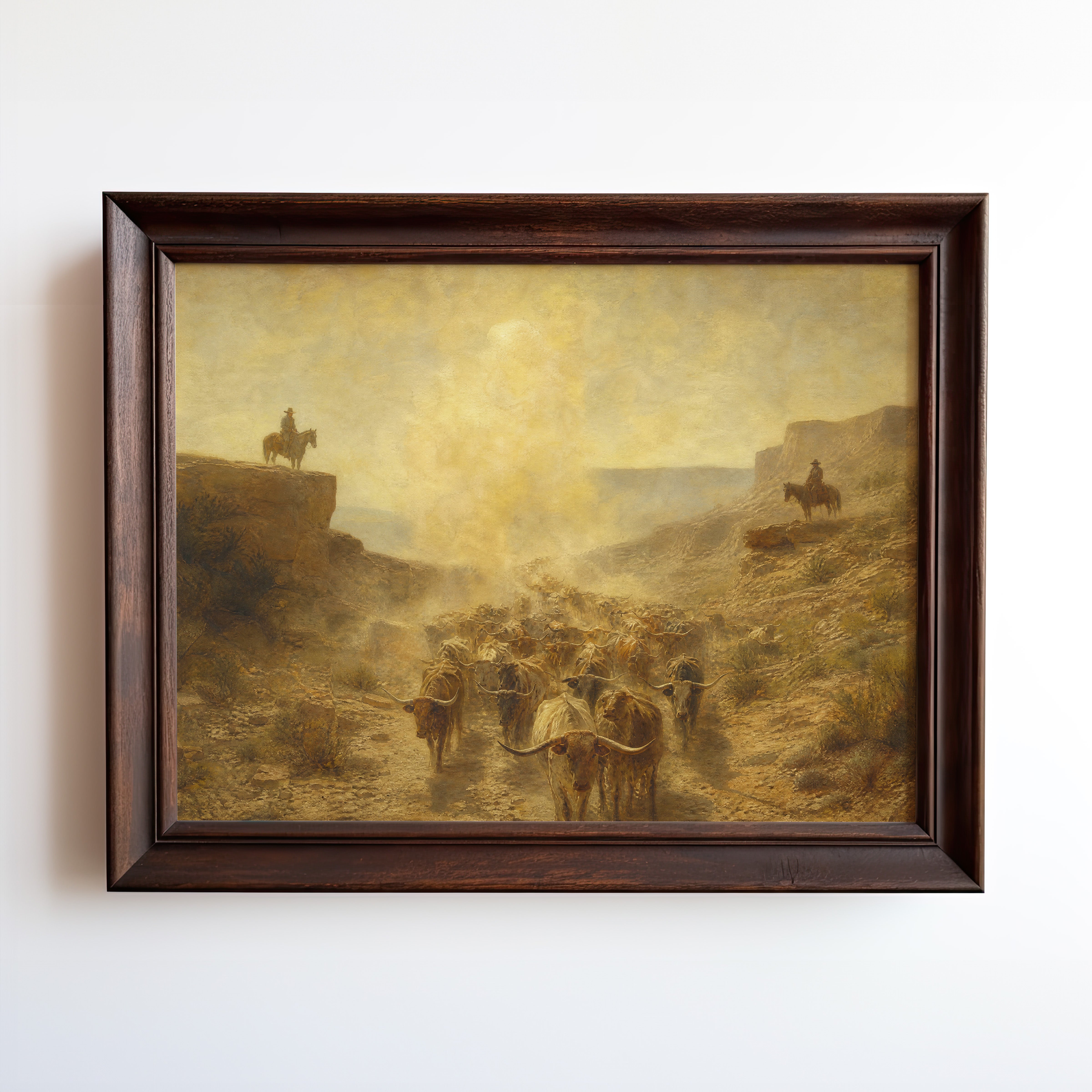 Oil painting of a longhorn cattle drive through a desert canyon at dawn