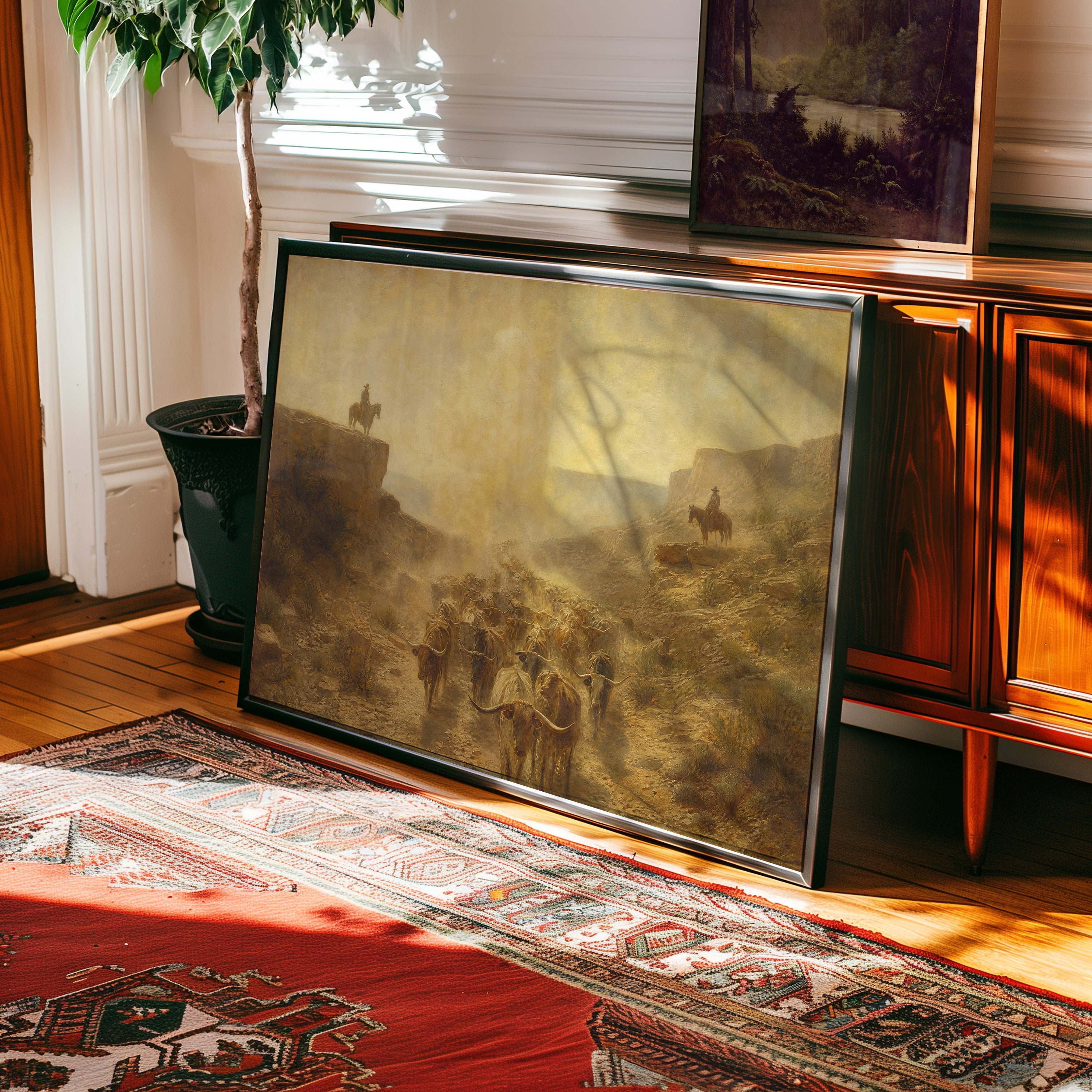 Oil painting of a longhorn cattle drive through a desert canyon at dawn — view 2