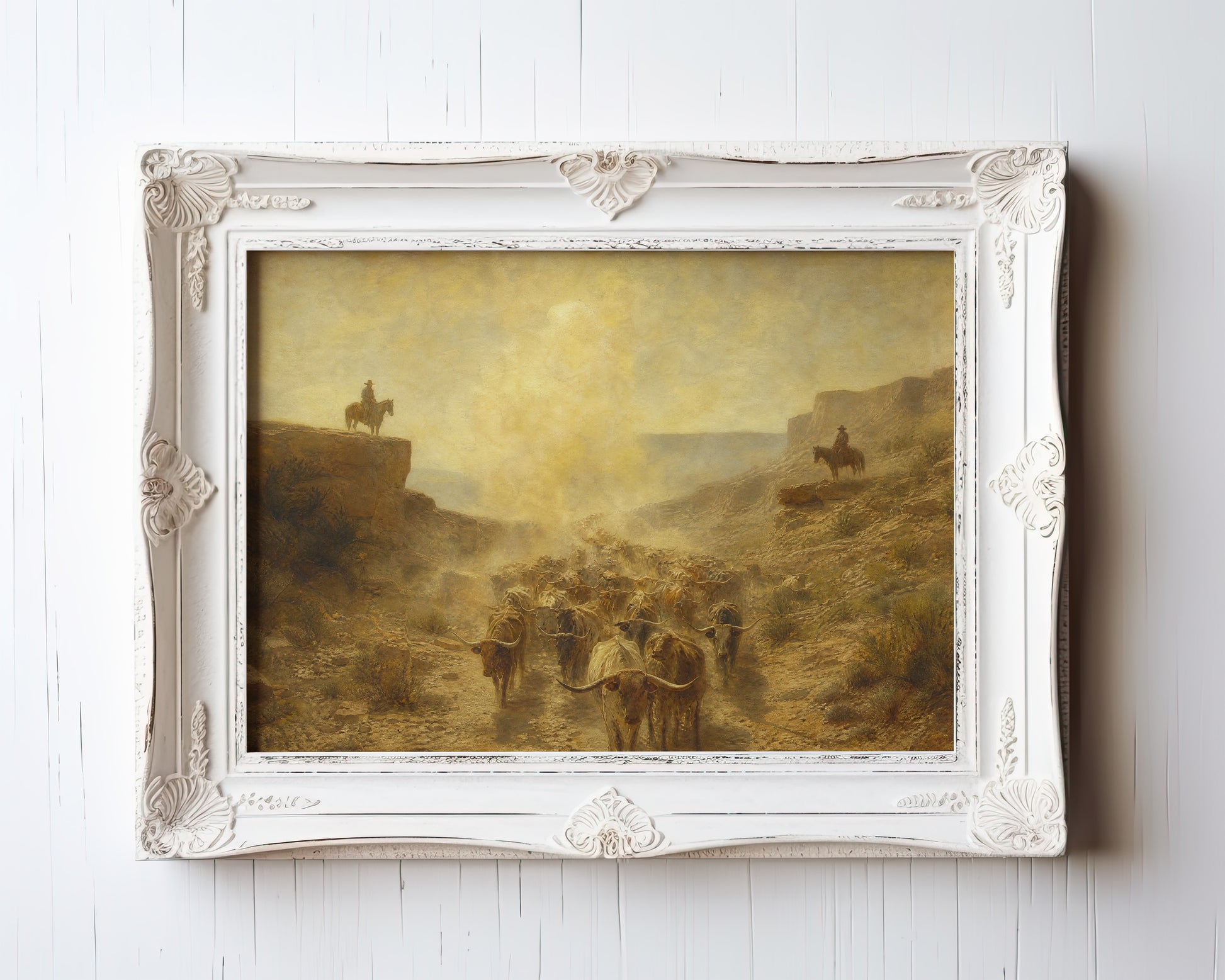 Oil painting of a longhorn cattle drive through a desert canyon at dawn — view 3