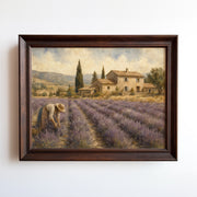 Oil painting of lavender harvest worker before Tuscan stone farmhouse and cypress trees