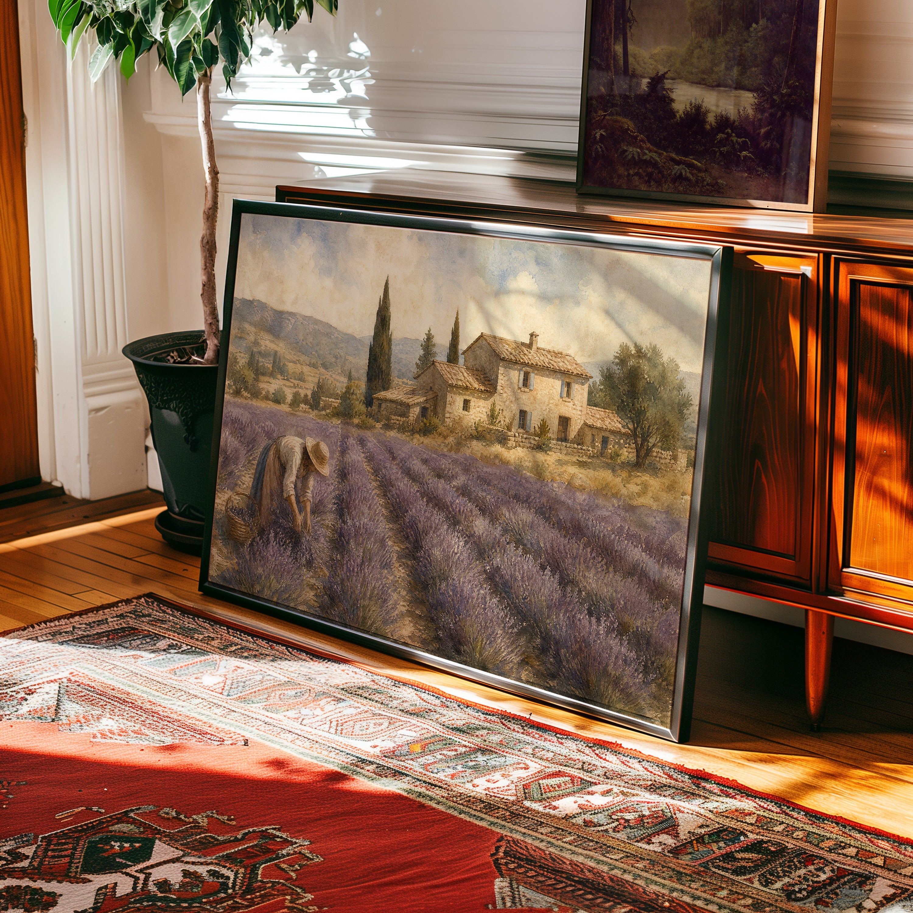 Oil painting of lavender harvest worker before Tuscan stone farmhouse and cypress trees — view 2