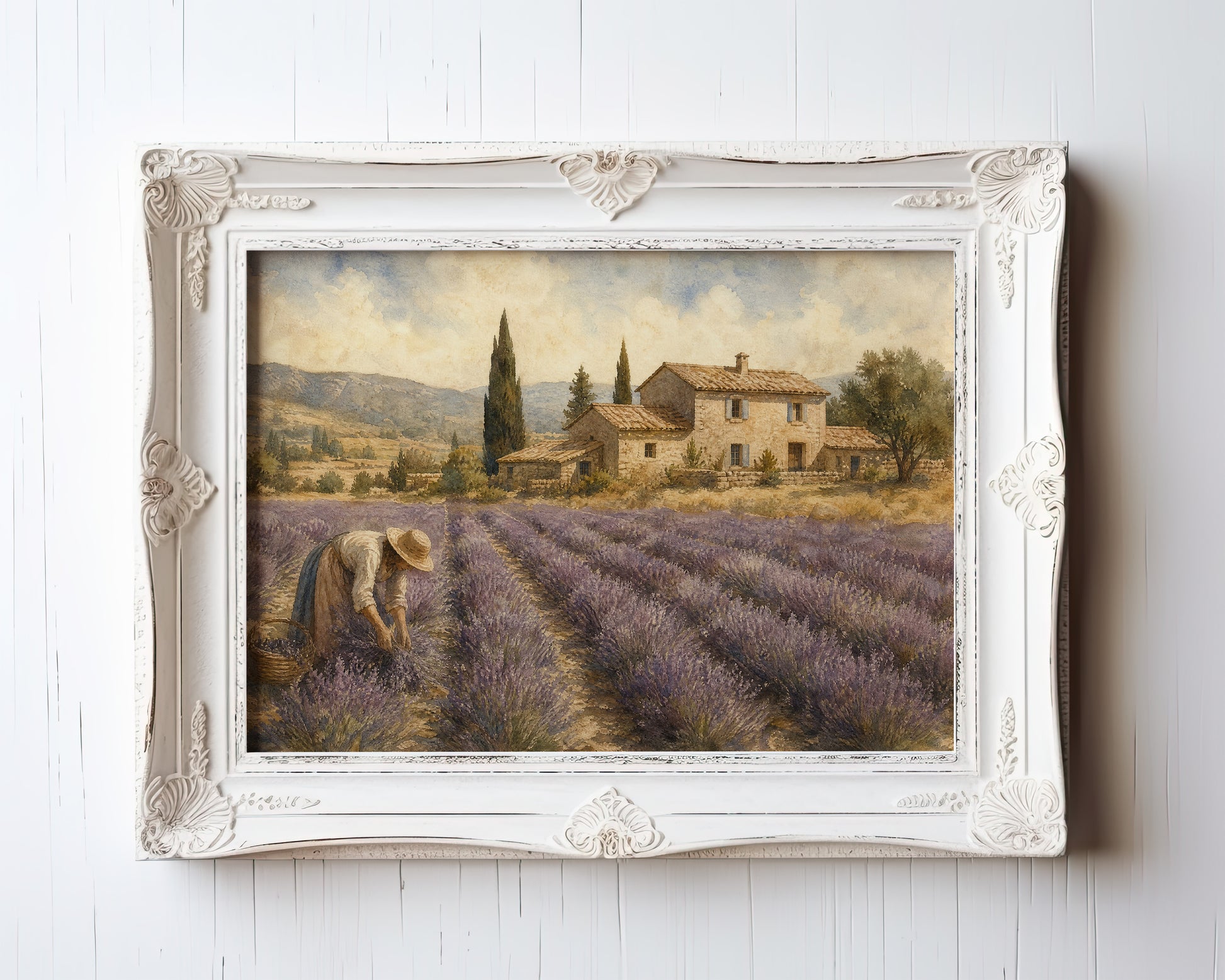 Oil painting of lavender harvest worker before Tuscan stone farmhouse and cypress trees — view 3