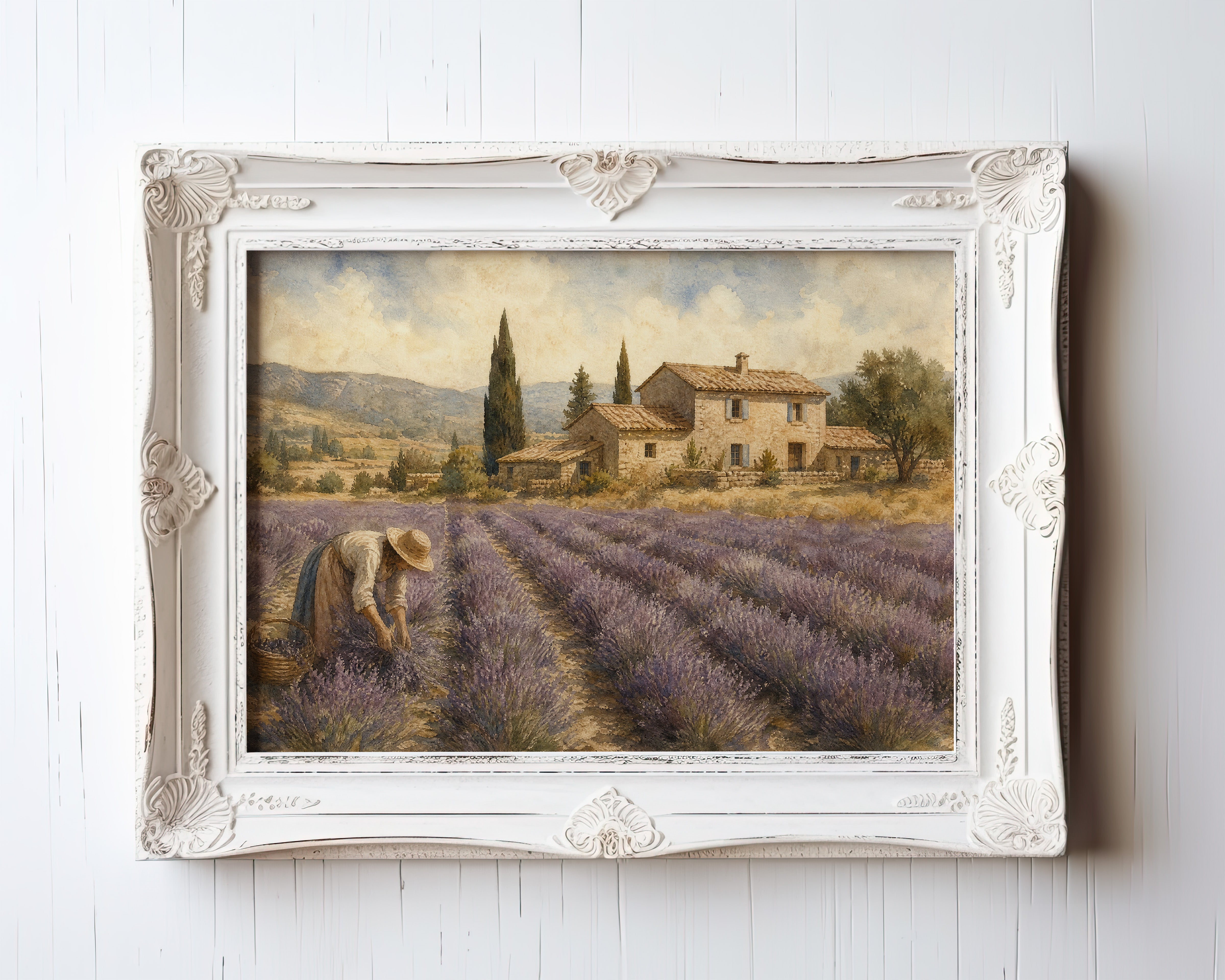 Oil painting of lavender harvest worker before Tuscan stone farmhouse and cypress trees — view 3