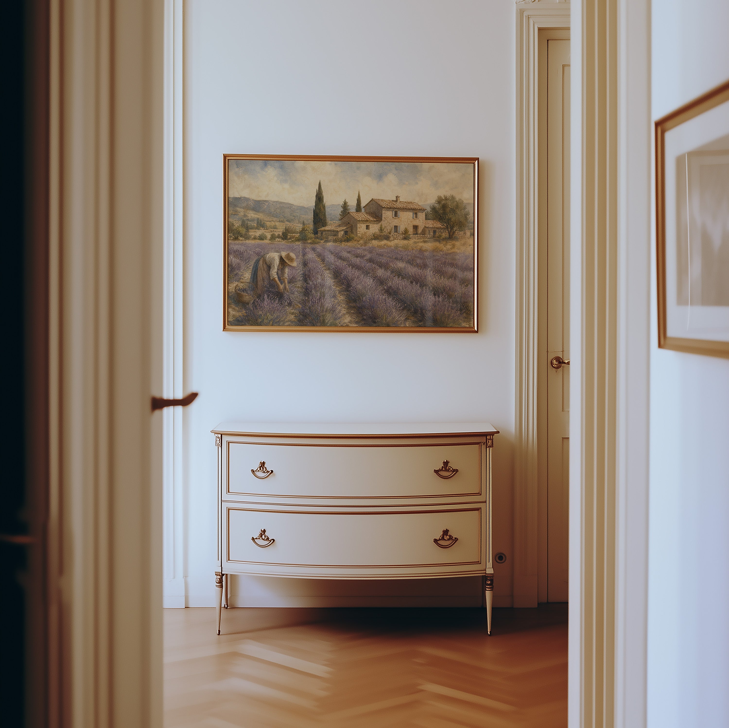 Oil painting of lavender harvest worker before Tuscan stone farmhouse and cypress trees — view 4